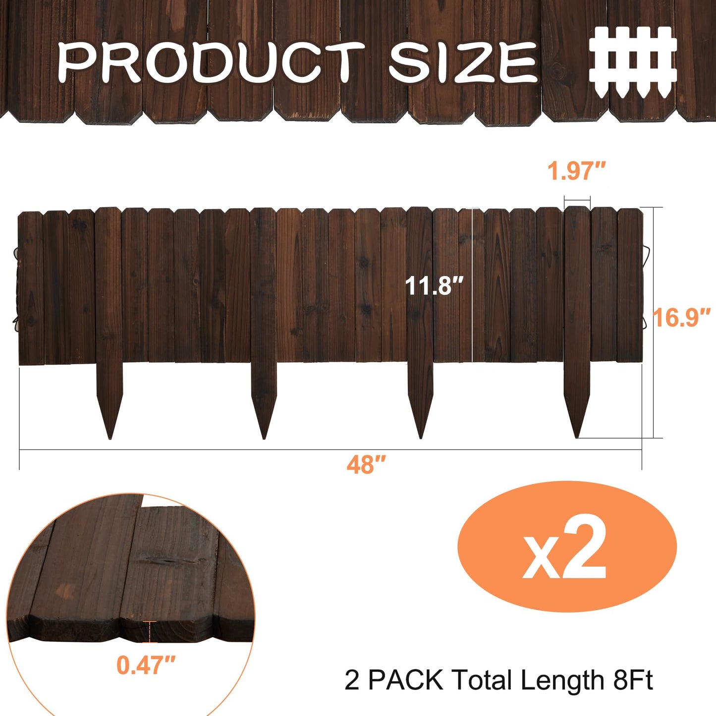 GHWIE Wooden Garden Fence Wood Garden Edging Border Decorative Landscape Border Edging,Planting Tree Fence Landscape Edging Flower Bed Fences-11.8'' H x 48'' L (2 Pack,8Ft Total Length)