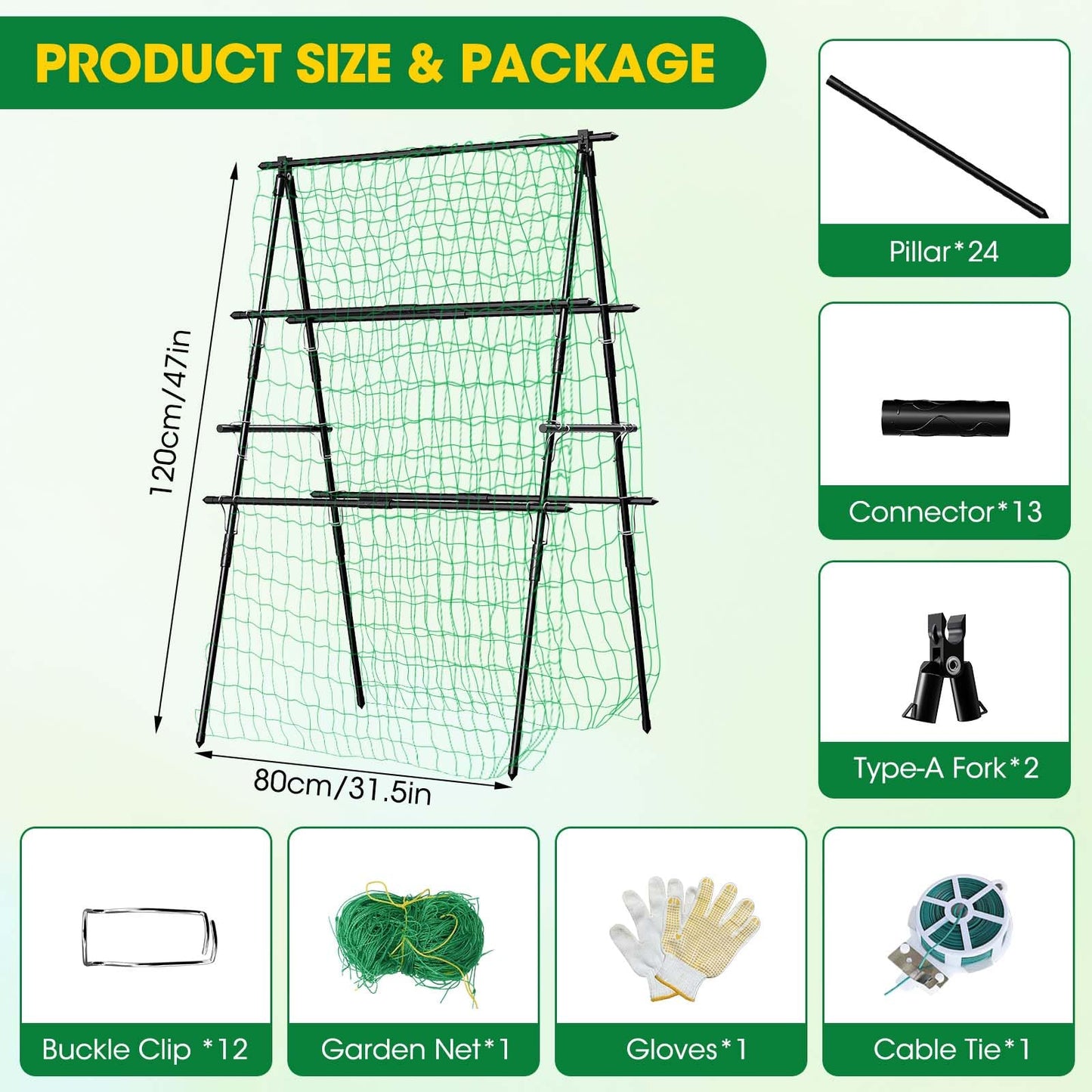 Cucumber Trellis, 31''X47'' A-Frame Cucumber Trellis for Raised Bed with Climbing Net, Metal Garden Trellis for Climbing Plants for Cucumber,Tomato, Grapes and Flowers