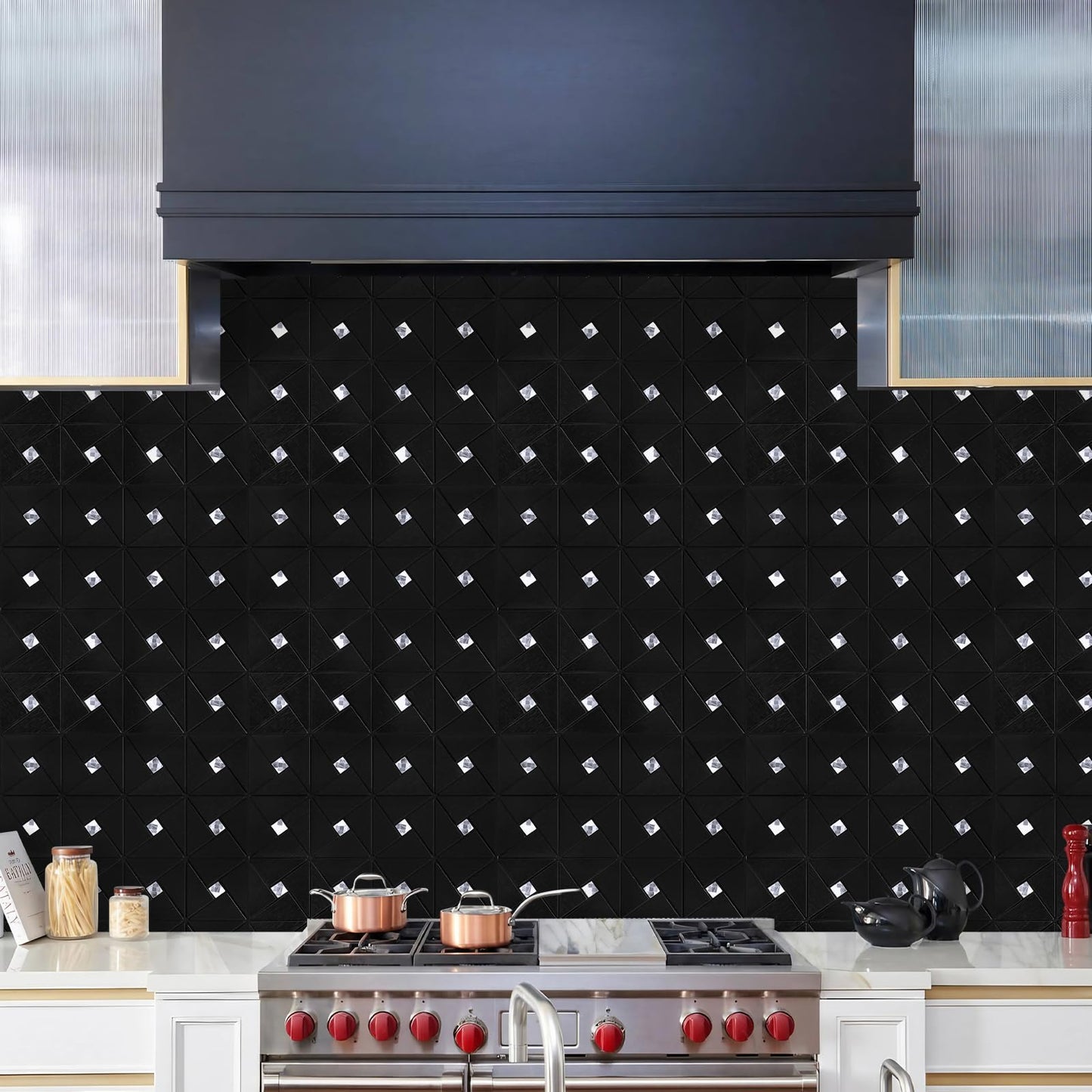 Vamos Tile Peel and Stick Backsplash Tile - Metal Tile Stick on Backsplash for Kitchen and Bathroom Black Windmill Puzzle Glass Mixed Self Adhesive Mosaic Tiles(12"x12"x10 Sheets)