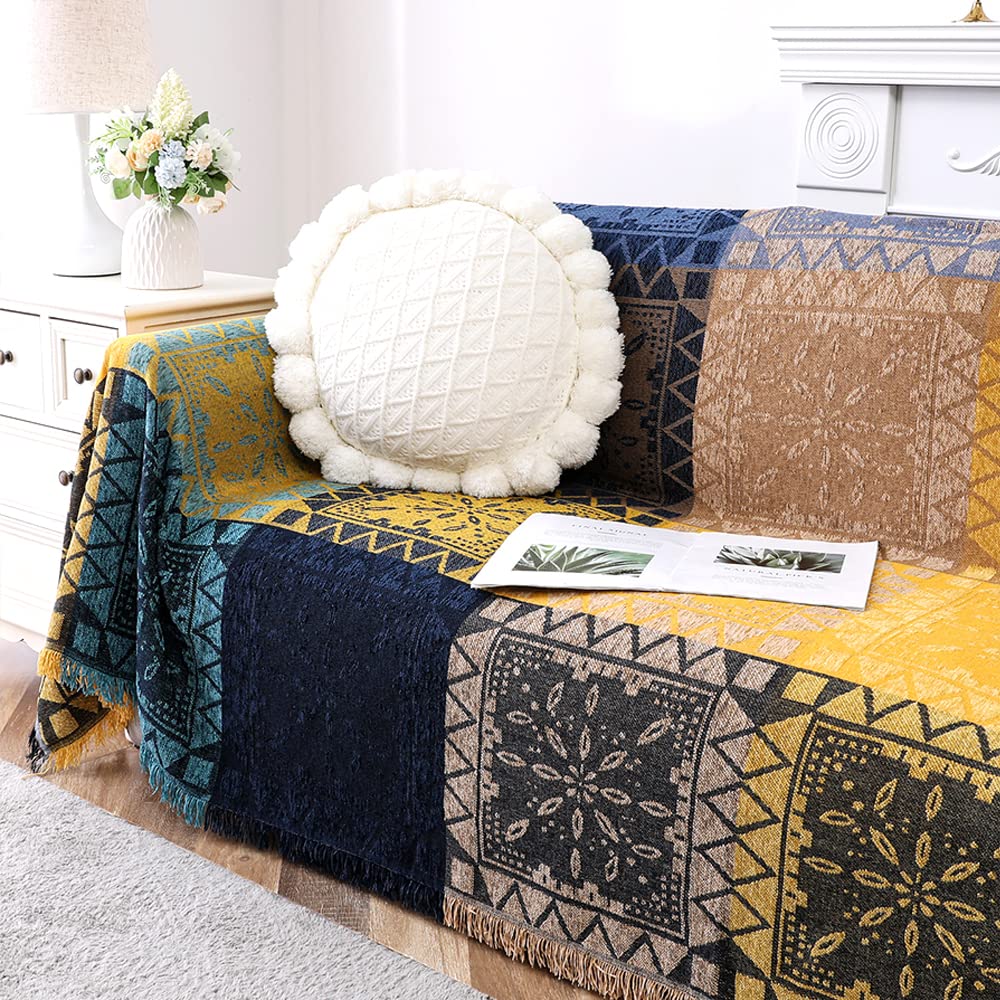 Turquoize Boho Couch Cover Bohemian Cotton Sofa Cover Sofa Throw Cover for Couches Sofa Slipcover Sectional Sofa Couch Covers Feature Hippie Chenille Jacquard Fabric(91"x 134",XX-Large,Yellow Navy)