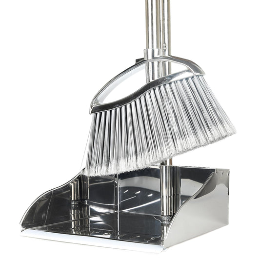 Metal Dustpan and Heavy Duty Broom Set, Stand Up Dustpan with Outdoor Stiff Bristles Broom for Hardwood Patio Room Office Floor Sweeping