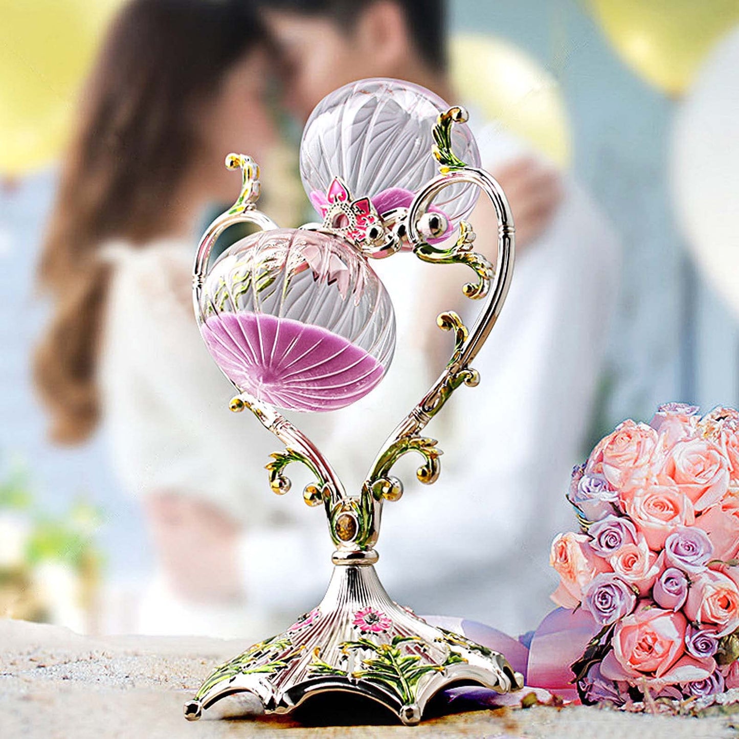Hourglass Sand Timer Decorative,360° Rotating Metal White Sand Watch 30 Min,Antique Hour Glass Decor for Office Desk- Crafts,Ornaments(Pink Sand)