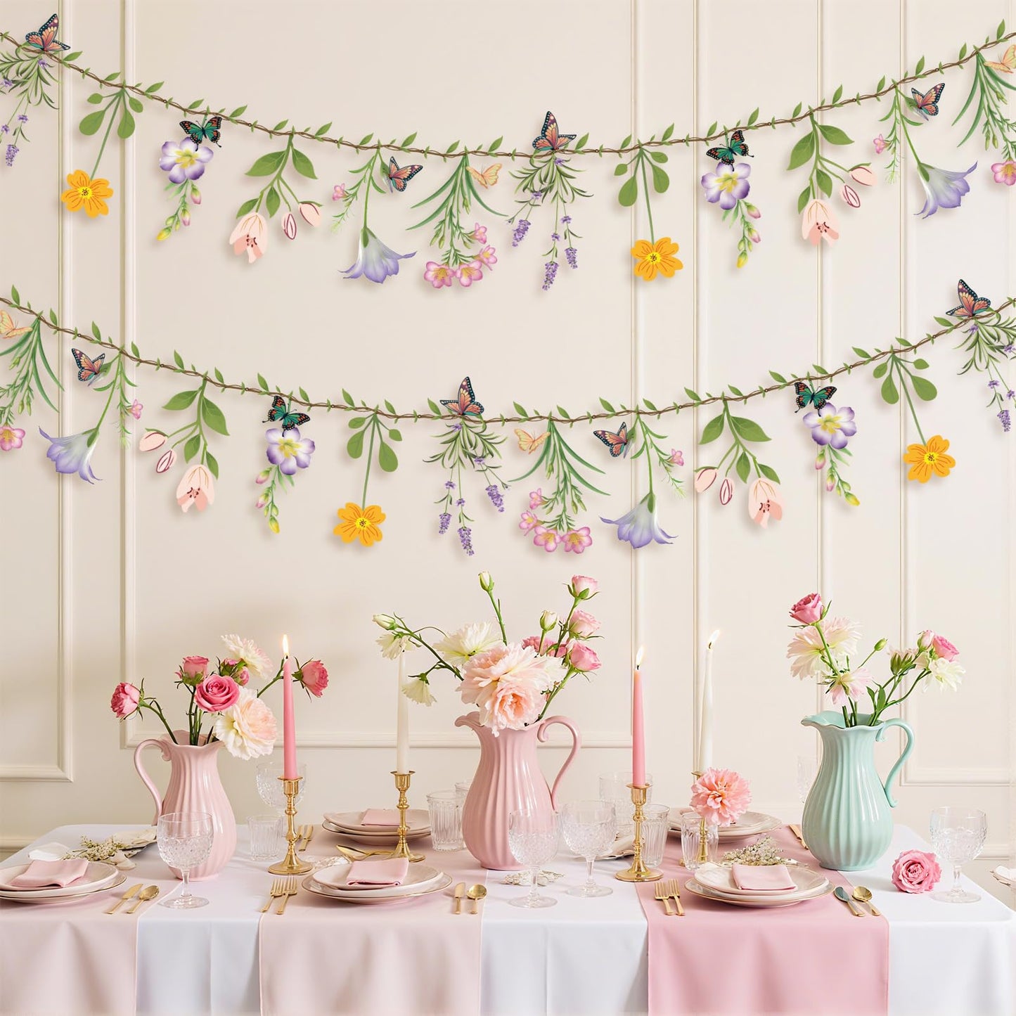 Ghegicu 2PCS Flower Banner Reusable Wildflower Garland Floral for Spring Party Enchanted Garden Theme Picnic Wedding Baby Shower Birthday Tea Party Christmas Valentine's Day Supplies Home Decorations
