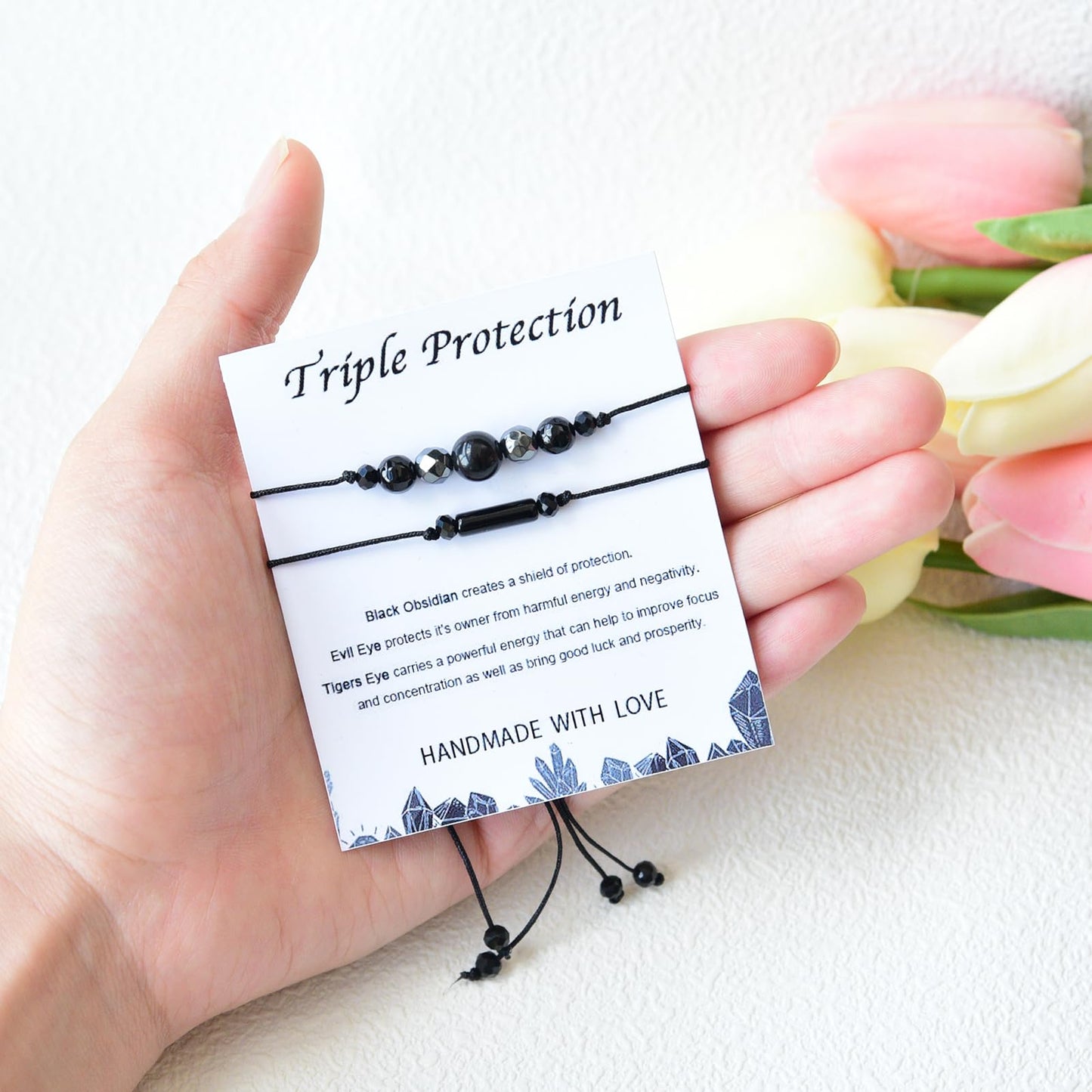 THSOGO 2Pcs Triple Protection Bracelets Black Tourmaline and Obsidian Bracelets Natural Stone Jewelry for Women Men Gifts for Him Her