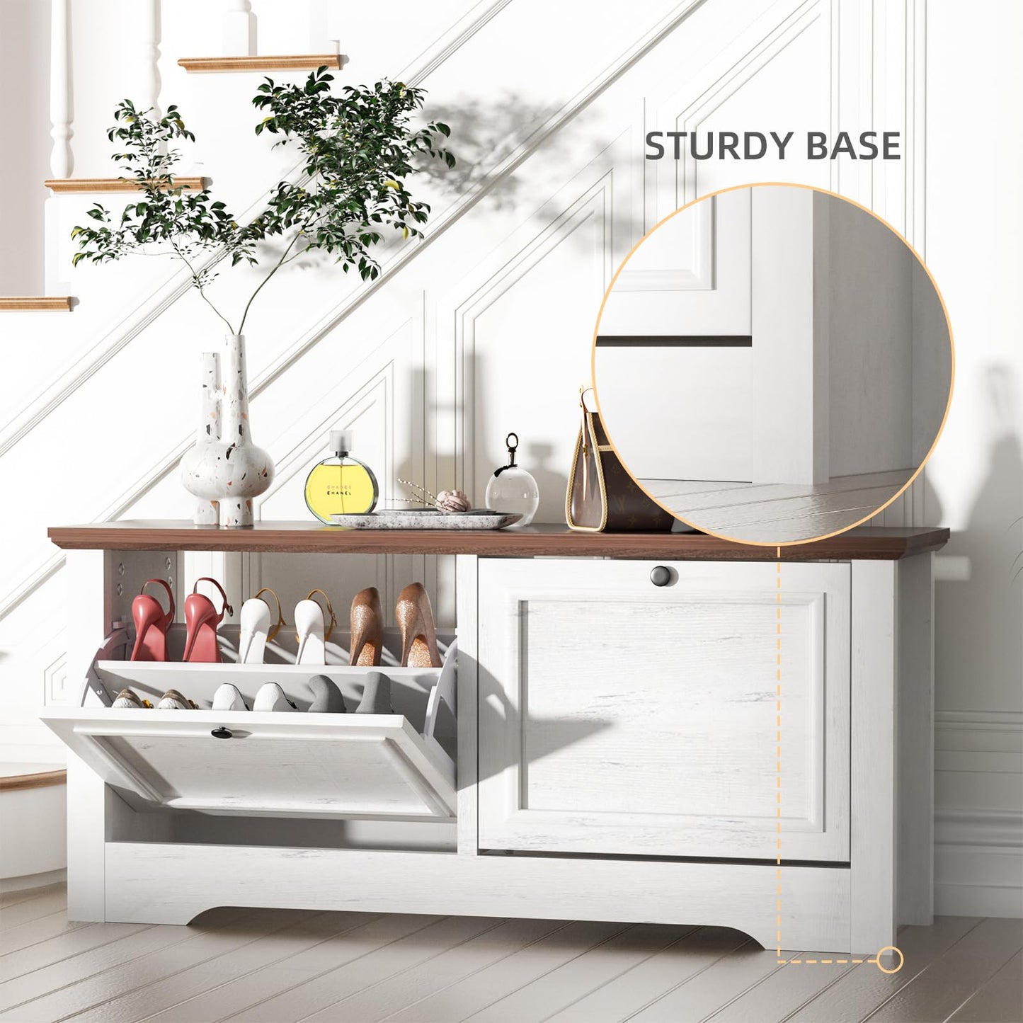TOOBVEST Shoe Storage Bench with Flip Drawers, Entryway Shoe Cabinet with Seat, Wooden Shoe Organizer Bench for Hallway, Foyer, Living Room, Small Space, White Walnut