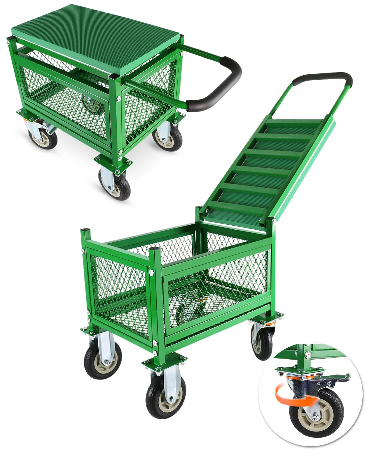 Ryansunoro Garden Seat with Cart and Wheels - Lockable 360 Swivel Wheels & Heavy-Duty - Foam Handle Grip, Large Mesh Storage Basket - Comfortable Garden Rolling Seat for Seniors, Patio, Lawn & Yard