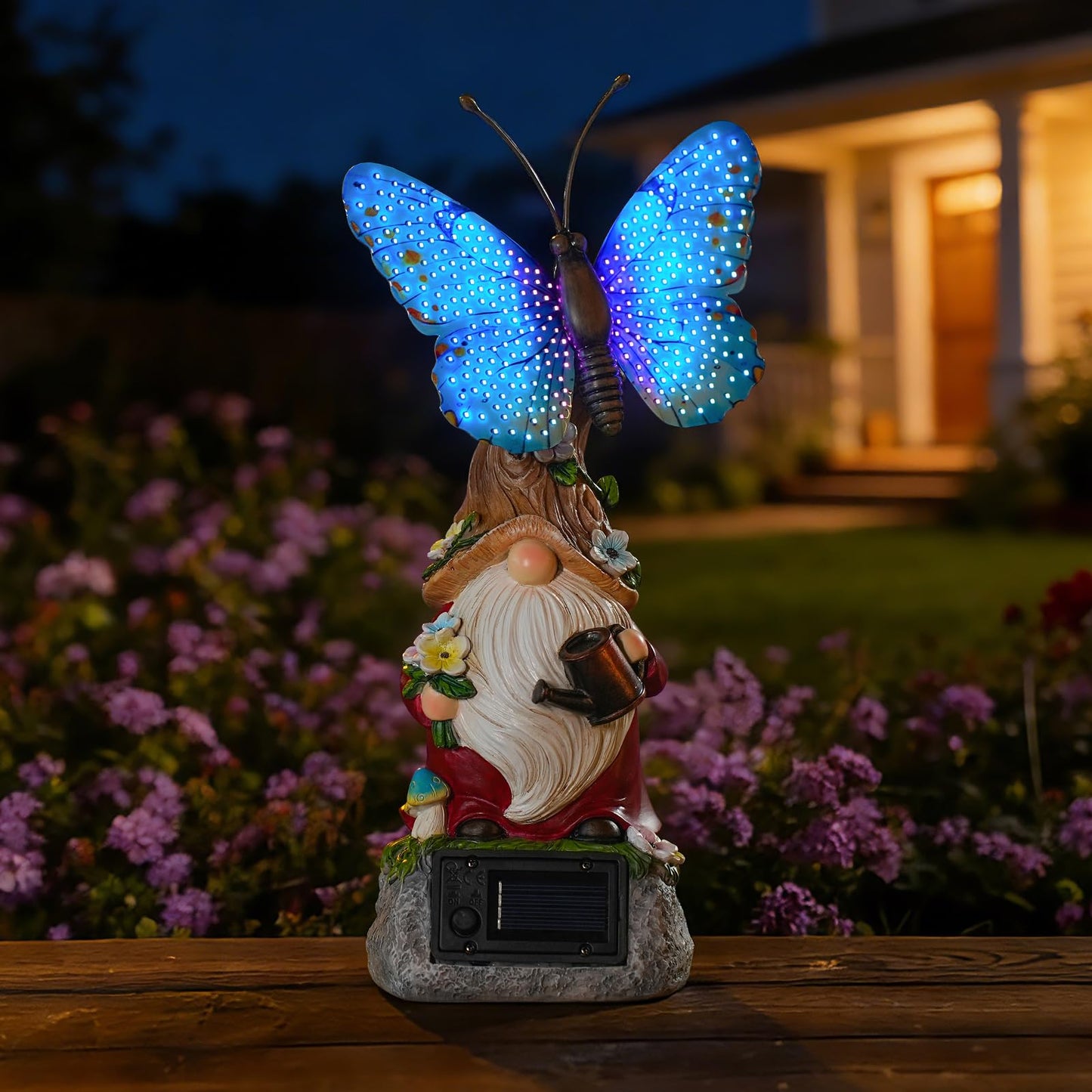 WSgift Garden Gnome Statues Solar-Powered Butterfly Resin Figurine Waterproof Outdoor Decor Mother's Day Blue