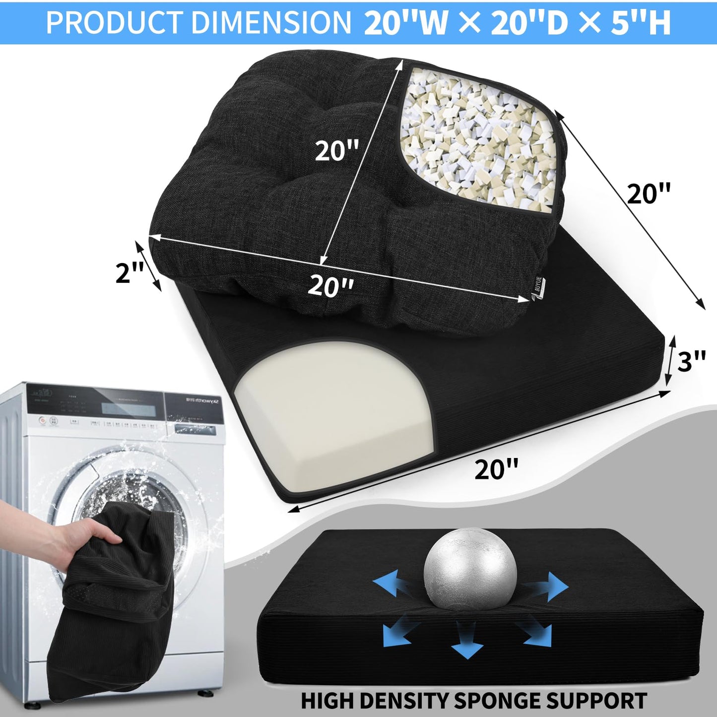 BUYUE Natural Latex Foam Support Chair Cushion for Elderly, 2-Tier Removable, 2-Faced Reversible Recliner Chair Pad Couch Armchair Seat Cushion Replacement, 20" x 20" x 5", Black