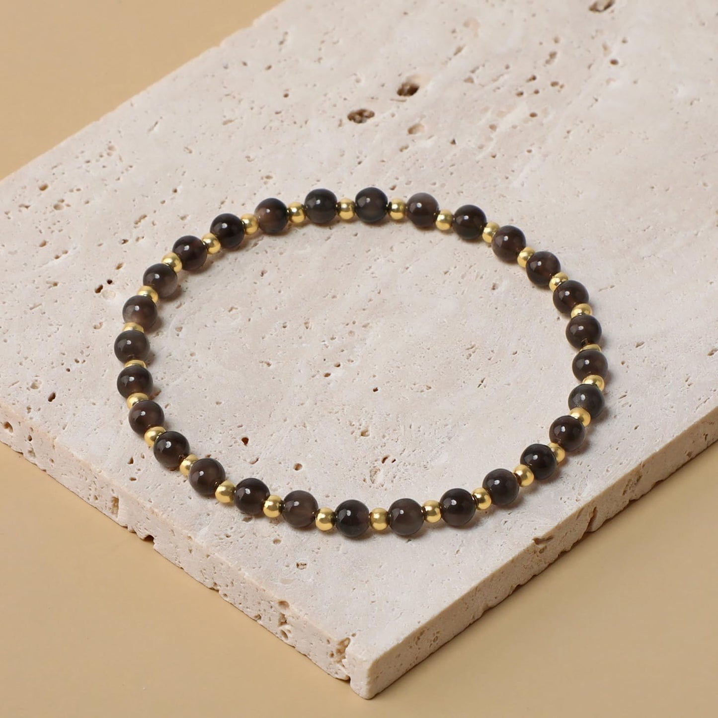 QOGIR Silver Obsidian - Fortune and Strength - 14K Gold Plated Beads Natural Gemstone Stretch Elastic Dainty Healing Beaded Bracelets Gifts 4mm