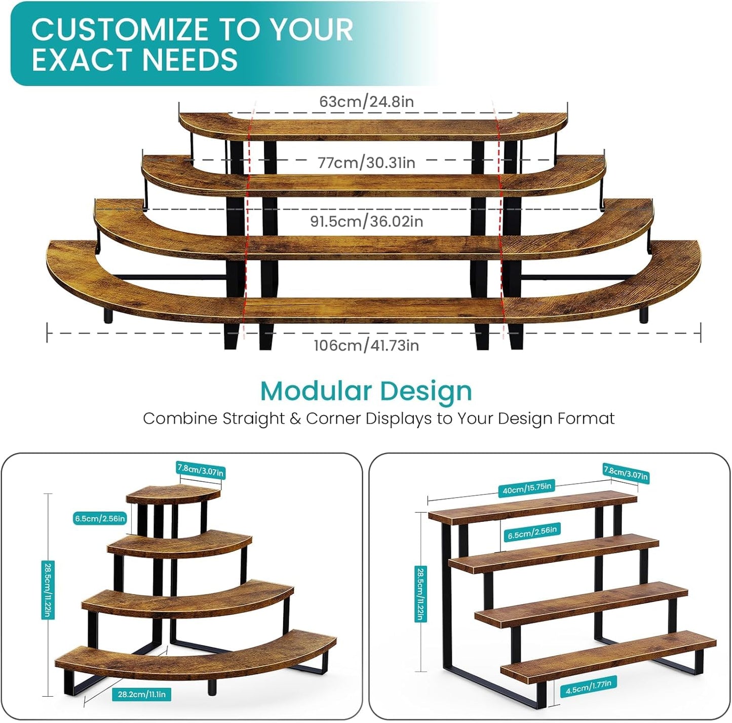 ELITEROO Tiered Display Stand, Wooden Display Risers, 4 Tier Display Shelf for Vendors Retail Craft Show Market, Table Top Display Rack for Cupcakes Perfume Figures Candles Makeup, Curved Corner