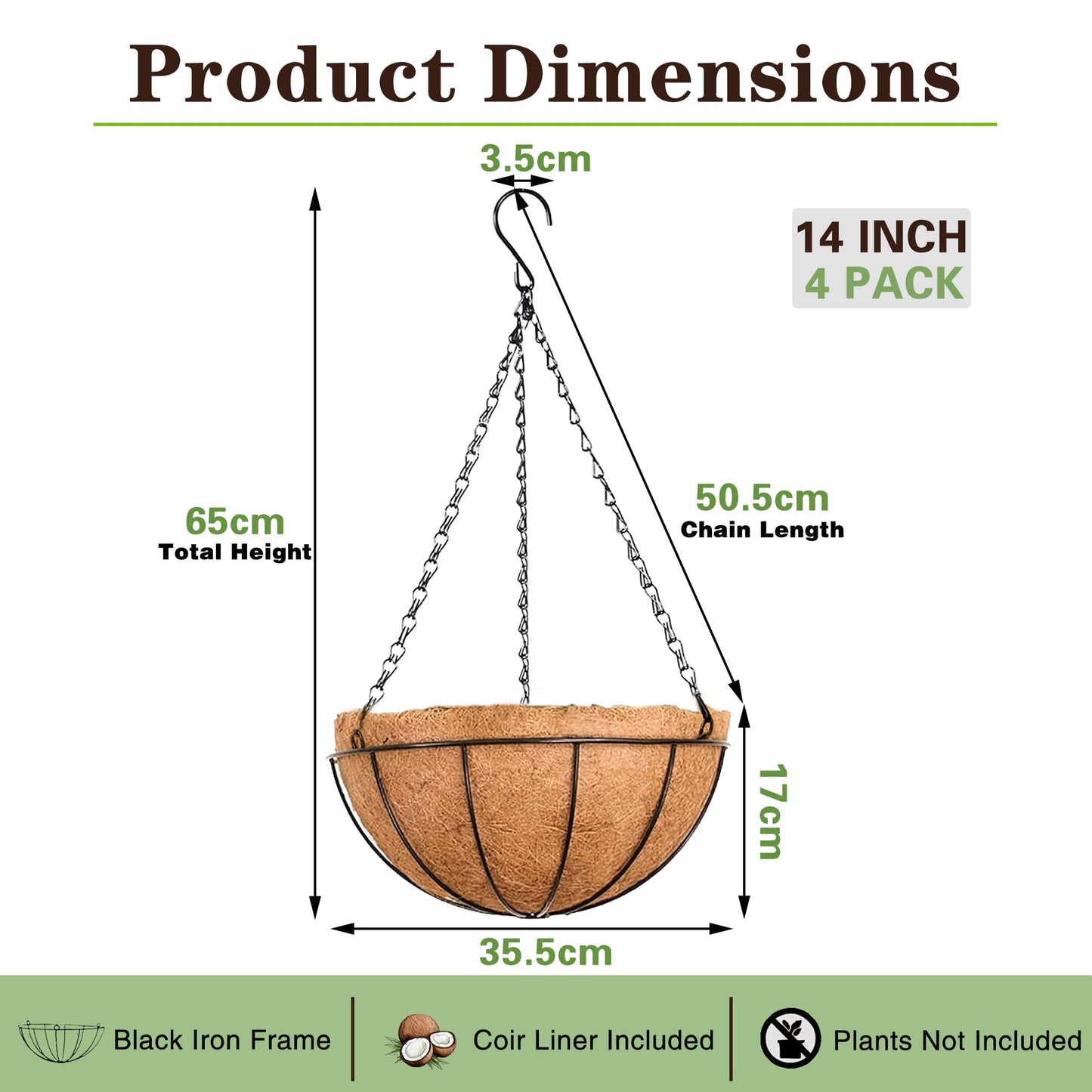 EIMQUVW Outdoor Metal Hanging Planters Basket (4pack, 14 inch) Hanging Baskets for Plants Chain Round Wire Plant Holder with Coco Fiber Liners for Garden, Patio, Deck, Porch