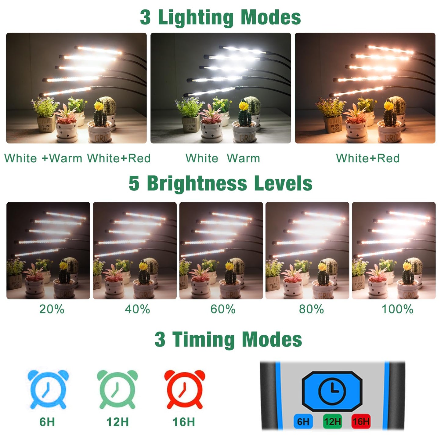 Garpsen Grow Lights for Indoor Plants, 5 Heads Full Spectrum Grow Light with Adjustable Tripod Stand, 100PCS LEDs Plant Light for Indoor Plants with 6/12/16H Timer and 3 Light Modes(No Clip)