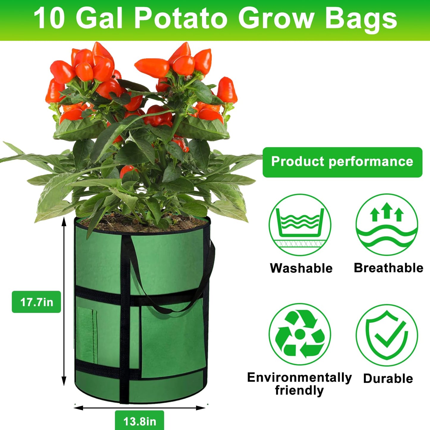 MEKOLIFE 10 Gallon Potato Grow Bags with Viewing Window, 300G Nonwoven Garden Planting Pots, Heavy-Duty Surround Handles for Gardening Supplies (6Pack Grow Bags)