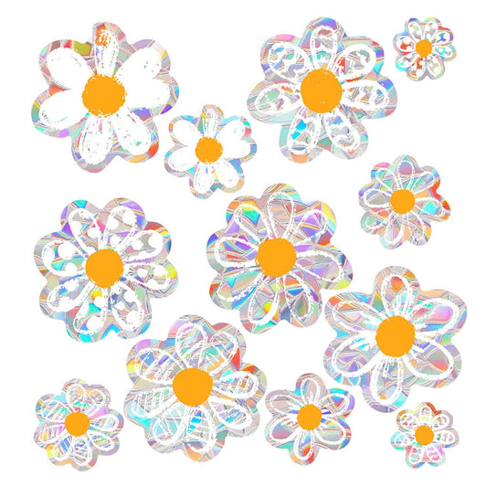 12pcs Spring Summer Daisy Window Stickers, Double-Side Glass Decals Shiny Rainbow Prism Anti Collision Window Clings for Mirror Glass Display Shop Office School Supplies Reusable