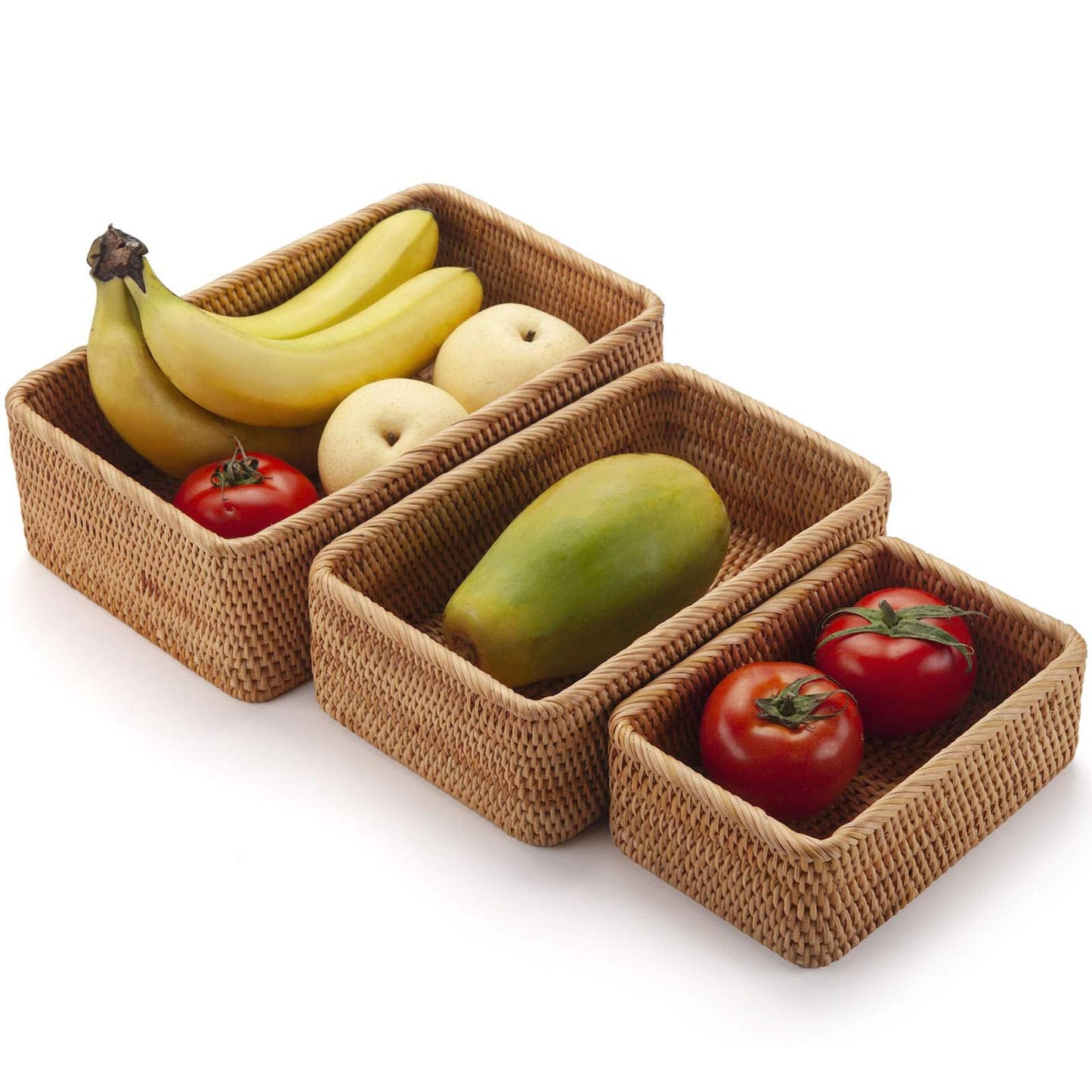 Rattan Storage Baskets, Wicker Baskets for Organizing, Hand Woven Fruit Basket, Decorative Baskets for Kitchen Counter, Living Room, Bathroom, Set of 3