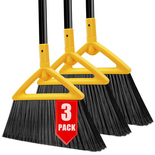 PUTNATRUE Heavy Duty Broom Outdoor and Indoor, 3 Pack Upgraded Commercial Angle Brooms, Perfect Yellow Broom of House, Kitchen, Garage, Courtyard