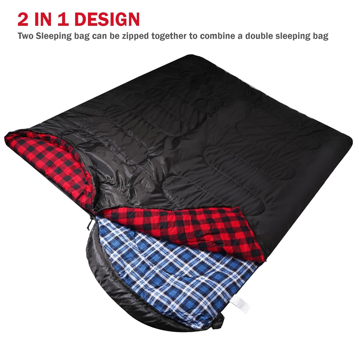 FJALLNOK Warm & Cold Weather Sleeping Bag,100% Cotton Flannel,Extra-Large for Adults & Kids,Lightweight Waterproof for Camping Hiking and Backpacking,Free Compression Sack (0-32℉- Black/Red)