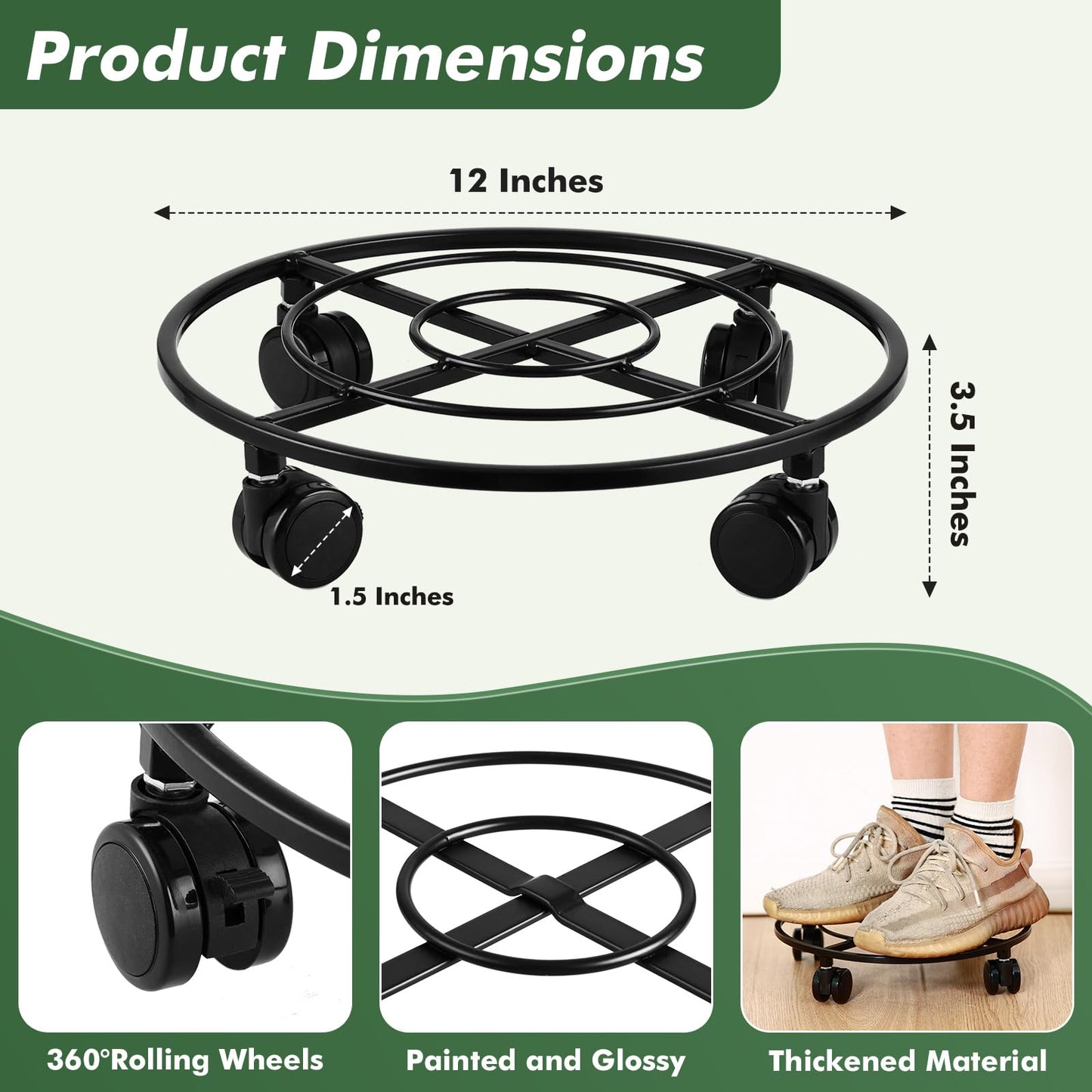 6 Packs Large Metal Plant Caddy 12" Heavy-duty Plant Dolly with PU Wheels Wrought Iron Rolling Plant Stand with Casters Indoor Outdoor Plant Pot Movers Planter Rollers Coaster Trolley, Black