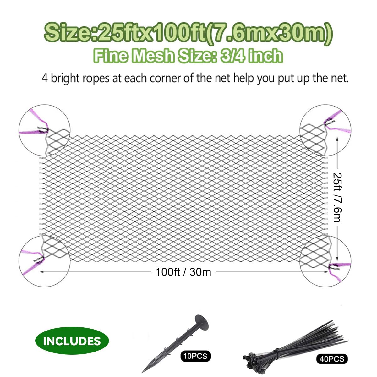 OGORI 25' x 100' Bird Netting Heavy Duty Nylon 3/4" Mesh Garden Netting Protect Fruit Trees, Plants and Vegetables