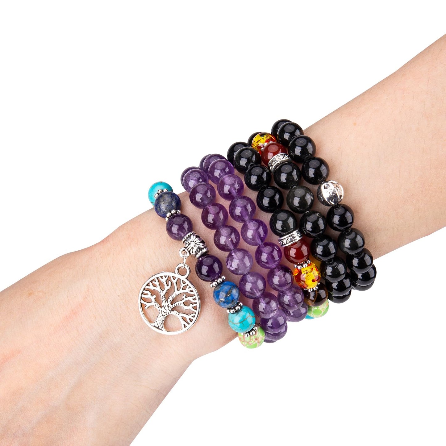 PWMENLK 108 Mala Beads Meditation Necklace 7 Chakra Buddhist Prayer Beaded Bracelet Tree of Life Pendant Necklace Healing Stone Yoga Necklace Women Men Bracelets(Amethyst&Obsidian)