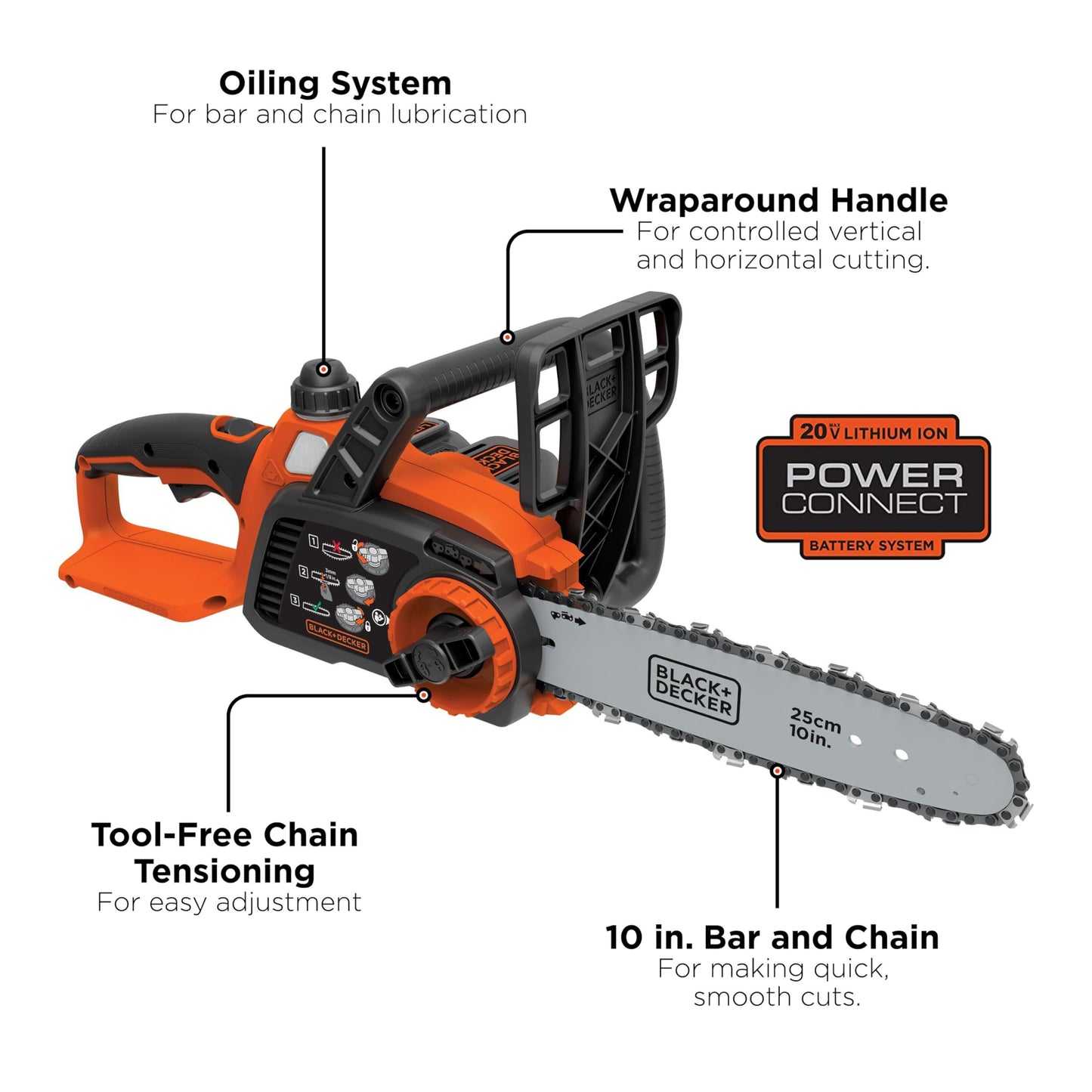 BLACK+DECKER 20V MAX Chain Saw Cordless Chainsaw, 10-Inch Battery Chainsaw, Tool Only, for Wood Cutting and Tree Pruning, Includes Guide Bar Scabbard (LCS1020B)