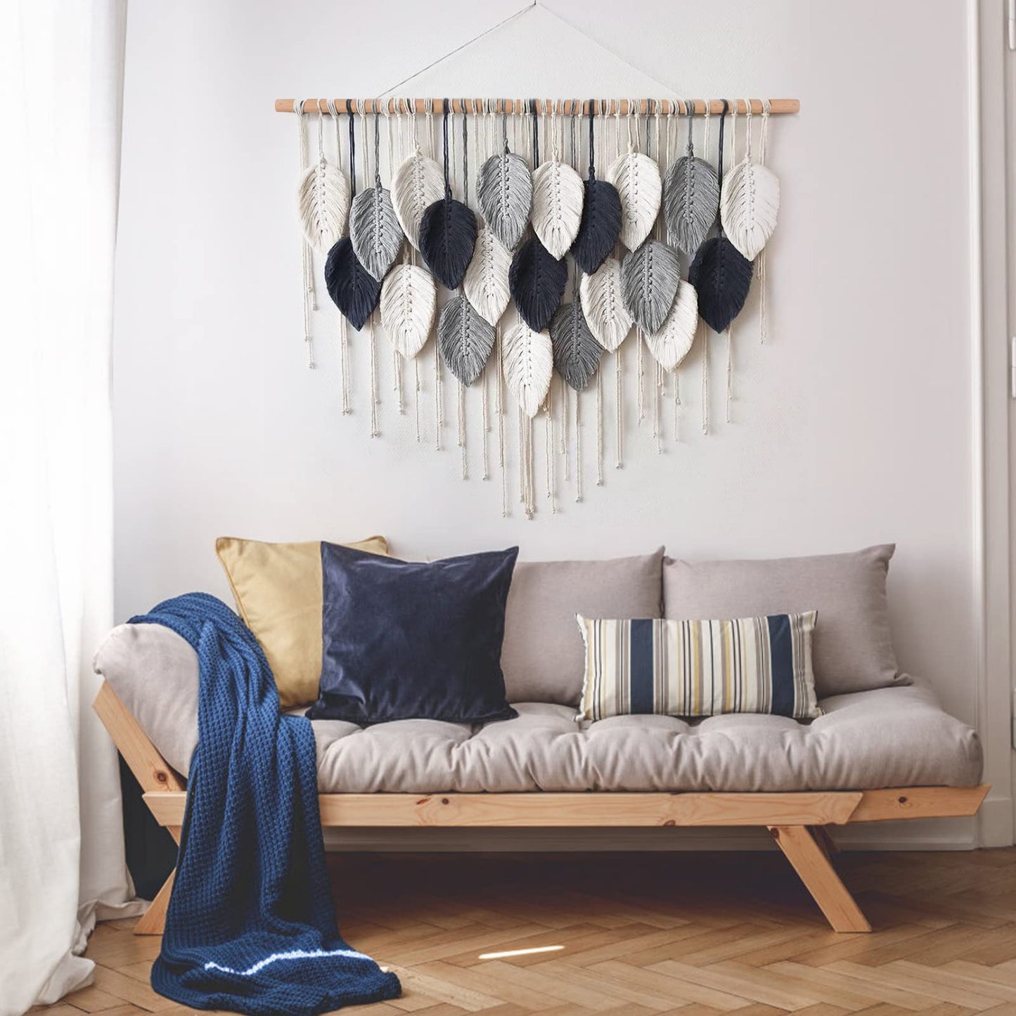 Weldomcor Macrame Wall Hanging Leaf Woven Tapestry Bohemian Chic Wall Hanging Feather Large Handmade Wall Art Decor for Bedroom Living Room Apartment Ornament, 39 inch