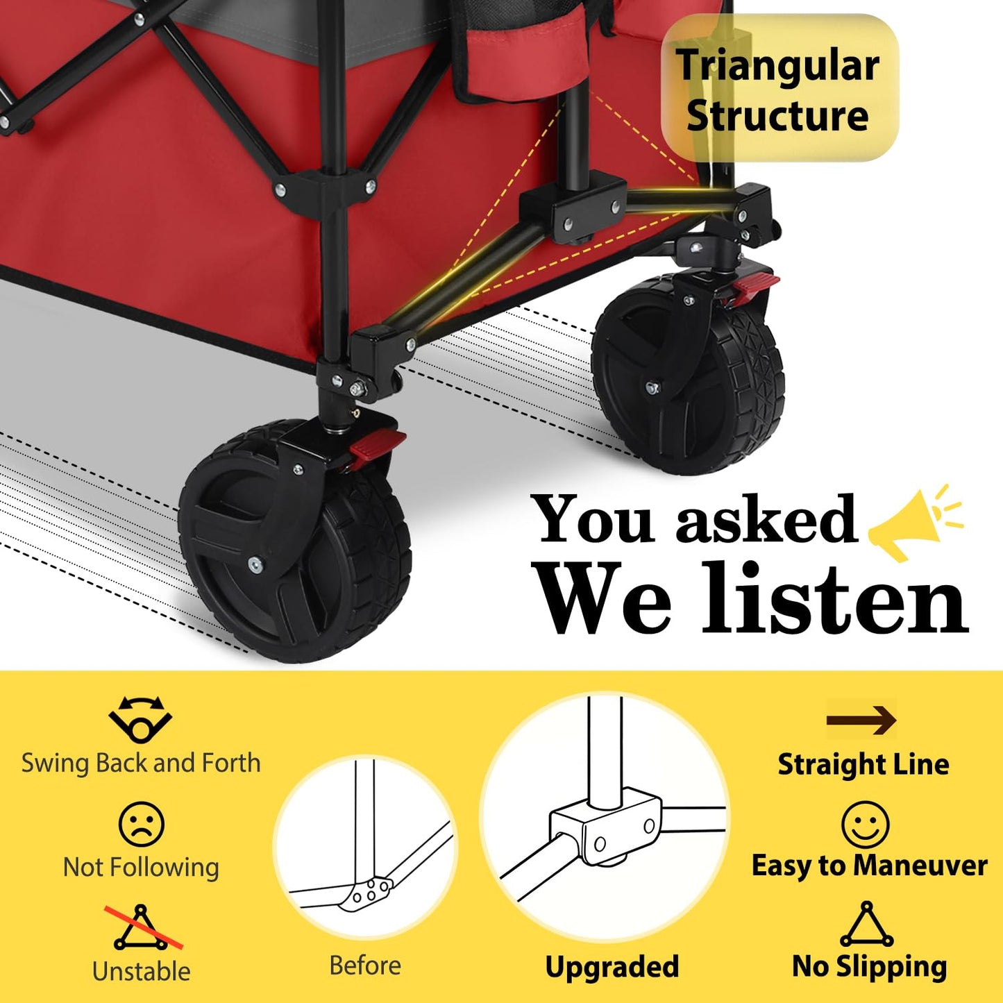 Sekey 48''L Collapsible Foldable Extended Wagon with 660lbs Weight Capacity, Heavy Duty 300L Folding Utility Garden Cart with Big All-Terrain Beach Wheels & Drink Holders. Red&Grey