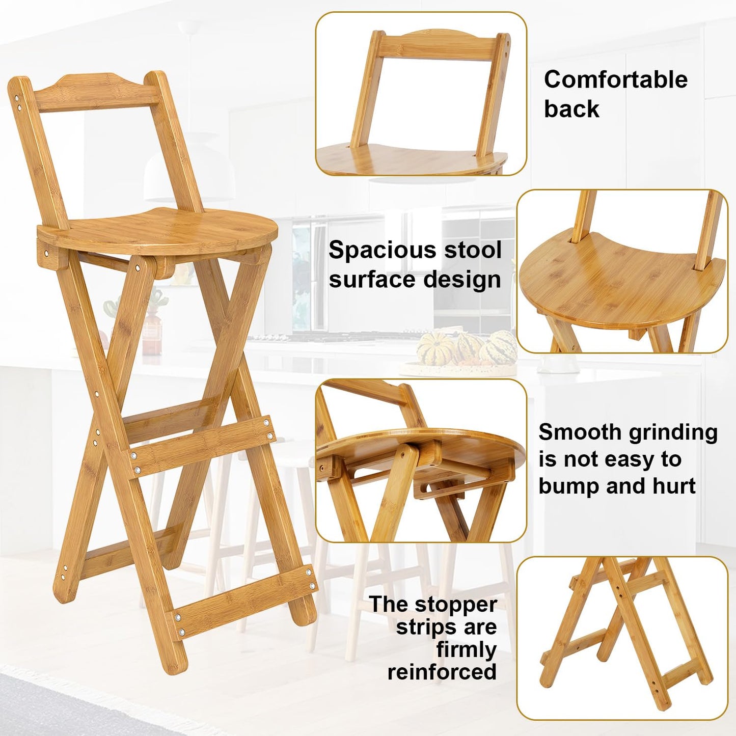 Nisorpa Folding Bar Stool with Backrest Kitchen Counter Height Stool with Back Support Foldable Bamboo Bar Stool Folding Bar Chair for Home Kitchen Island Breakfast No Assembly 1Pack