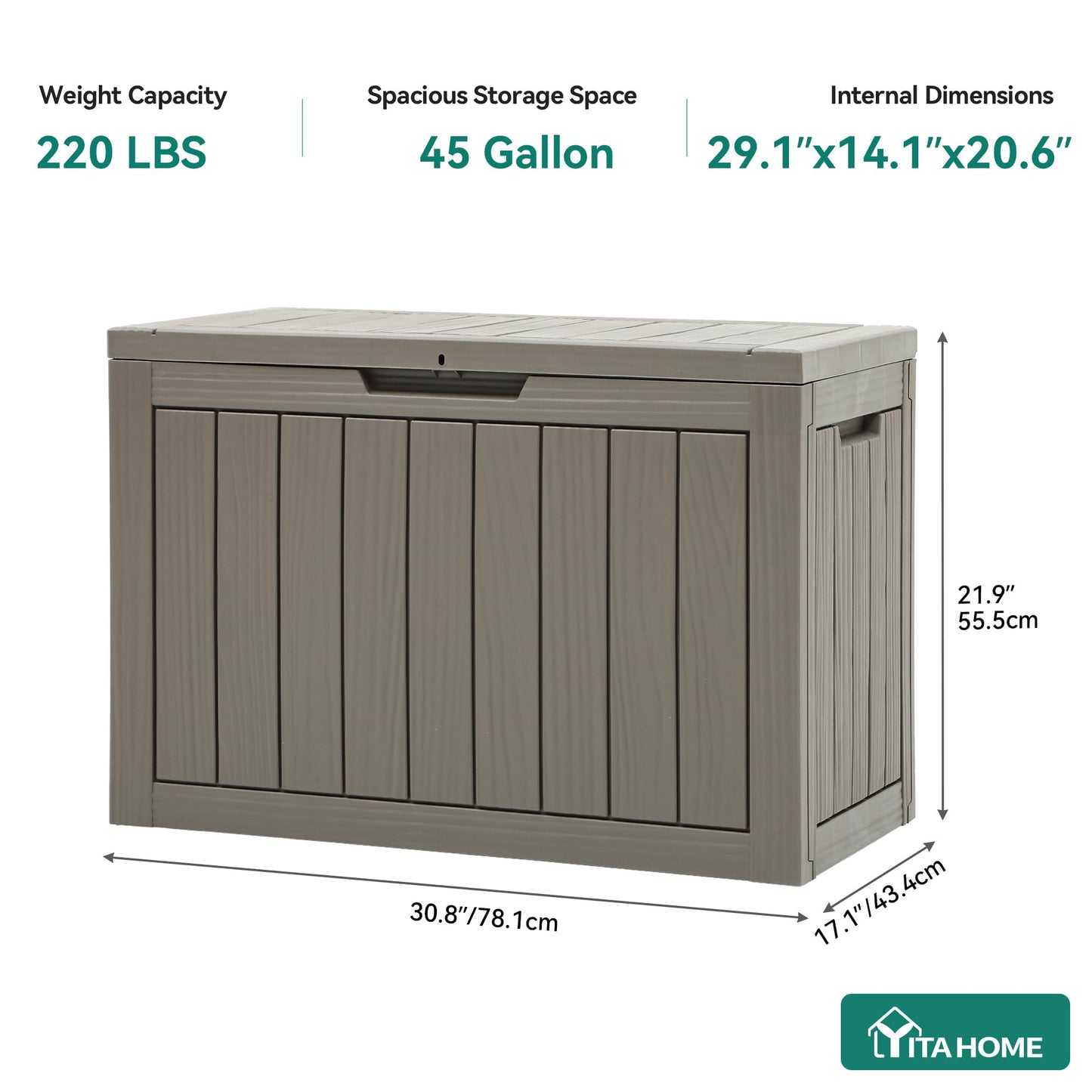 YITAHOME Outdoor Storage Box, 45 Gallon Waterproof Resin Deck Box, Lockable Organizer for Patio, Poolside, Deck, Cushions, Throw Pillows, Garden Tools, Brown