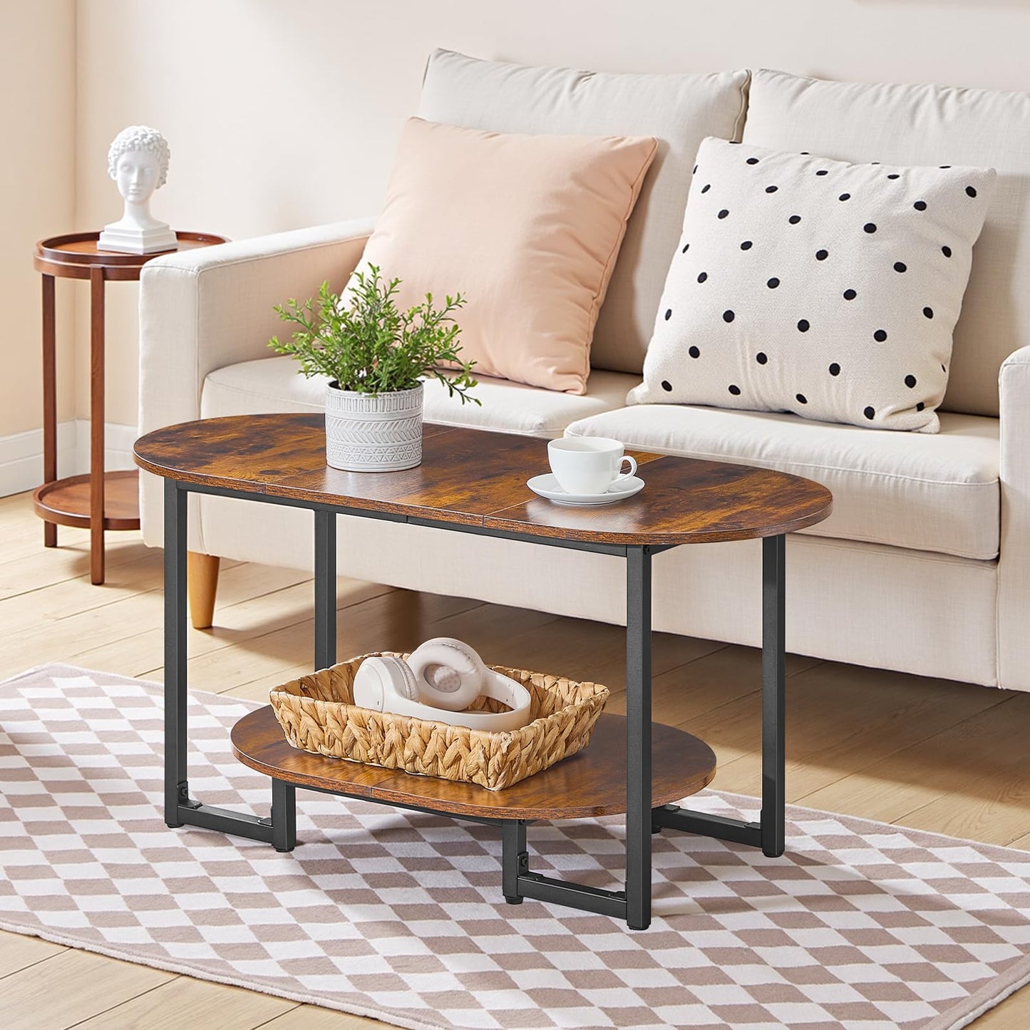 HOOBRO Coffee Table for Living Room, Oval Small Coffee Table with 2-Tier Open Storage Shelf, Industrial Cocktail Tea Table, Wooden Desktop Center Table, Farmhouse, Home Office, Rustic Brown BF09KF01