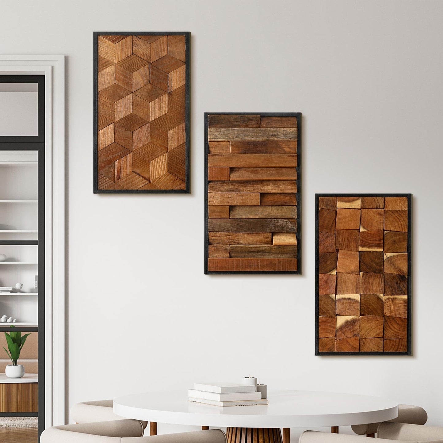 Glenmal 3 Pcs Wood Wall Art Decor 14 x 7 Inch Textured Wooden Wall Art Aesthetic Rustic Cubic Hanging Decor Framed Decorative Farmhouse Bedroom Boho Modern Home Decorations for Living Room
