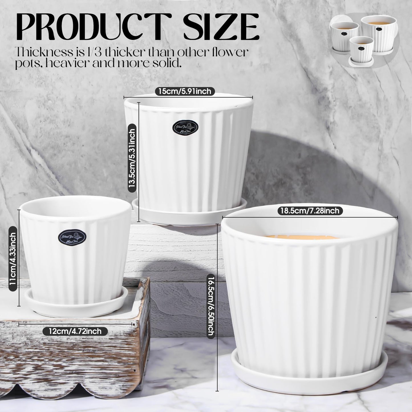 Acellegic 3 Pcs Ceramic Plant Pots 7.3/6/4.7 Inch Ceramic Flower Pot with Drainage Hole and Saucer Decorative Planter Indoor Outdoor for Gardening Home Desktop Office Windowsill Decoration Gift(White)