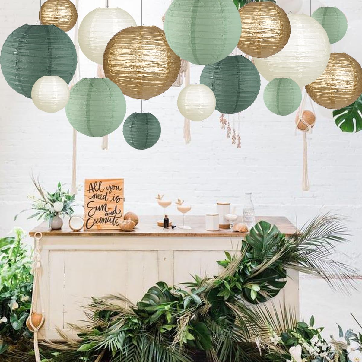 zilue Paper Lanterns Decorative, Round Hanging Paper Lanterns Decorations for Rustic Party Bridal Shower Wedding Sage Green Birthday Party Supplies Gold/Ivory/Sage Green 15pcs