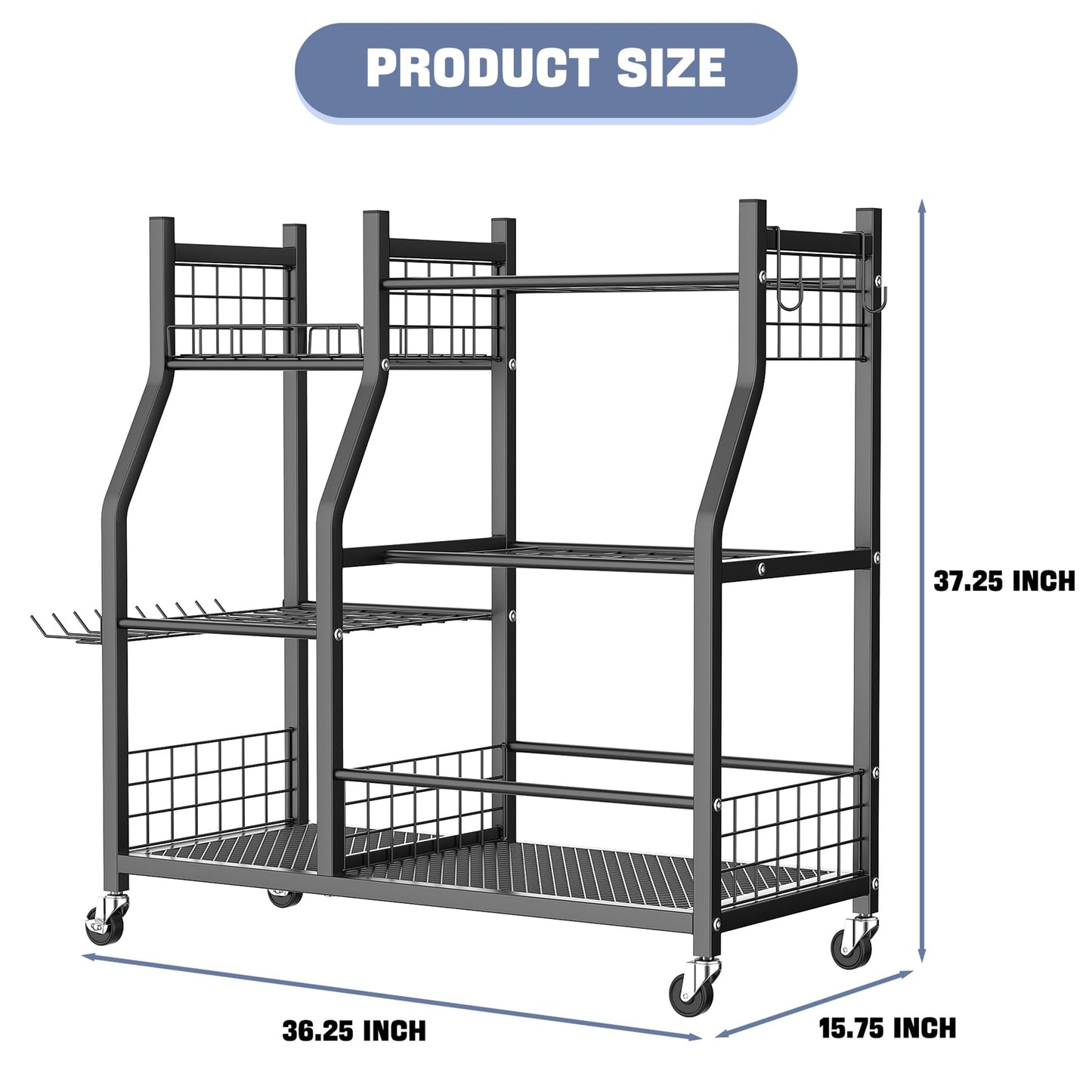 WALMANN Garden Tool Organizer with Wheels for Garage, Large Storage Capacity, Rakes/Shovels/Yard Tools Storage Stand for Shed, Garden, Indoor/Outdoor Long-Handled Tools Rolling Cart