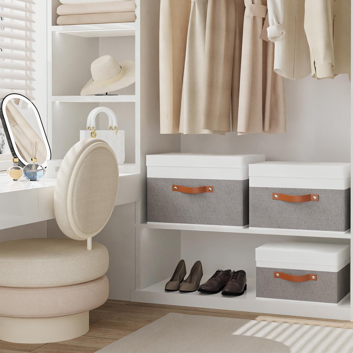 YheenLf Fabric Storage Bin, Storage Basket with Lids, Closet Organizer Box with Handles for Shoes Books Towels, White and Grey, 1 Pack, 13 x 9.1 x 7.9 Inch