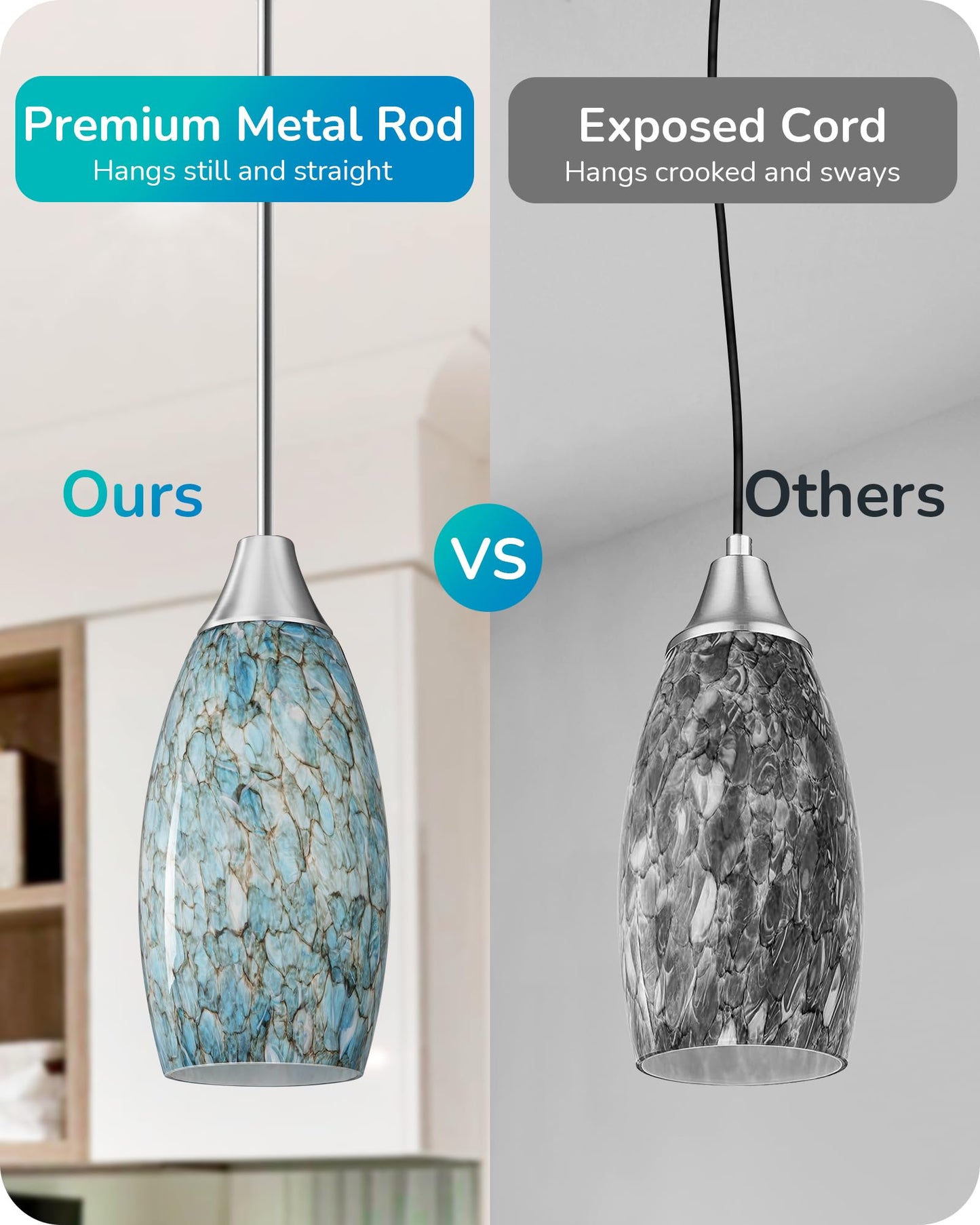 EDISHINE Pendant Light, Hand Blown Hanging Light Fixture, Adjustable Brushed Nickel Rods, 5.12" D x 11.4" H Shade, Blue Glass Pendant Lighting for Kitchen Island, Sink, Bathroom, Dining Room