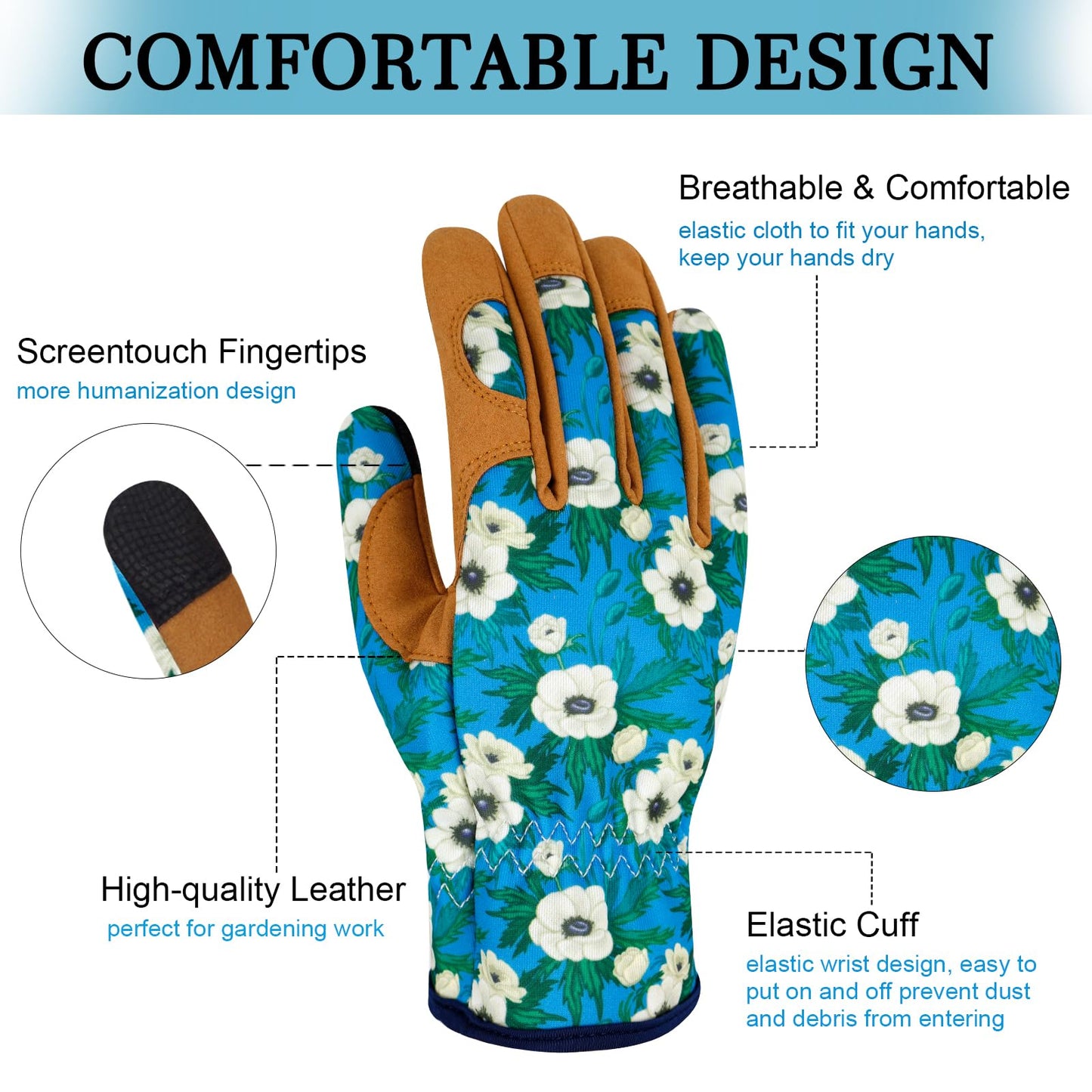 MERTURN Leather Gardening Gloves for Women Thorn Proof Garden Gloves Touch Screen Working Gloves Gardening Gifts, Flowers White