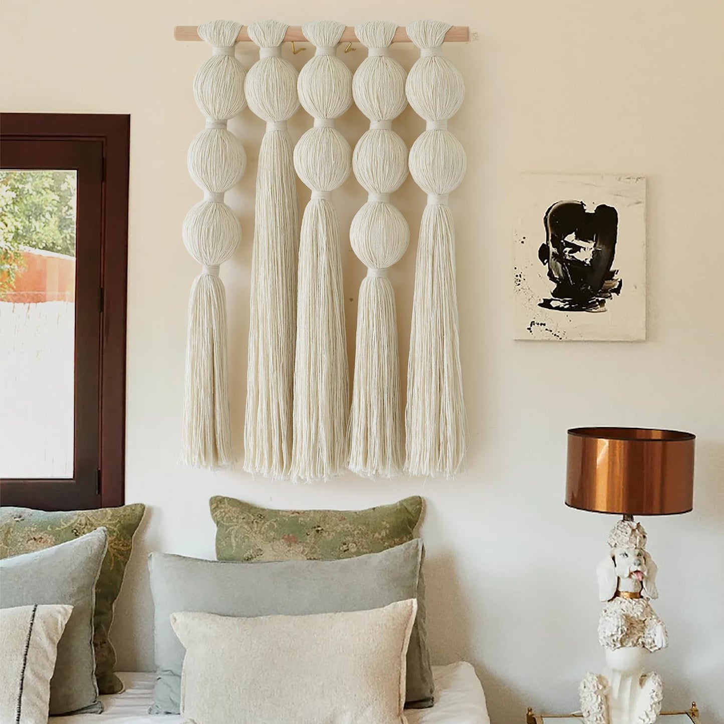 Flber Macrame Wall Hanging with Geometric Yarn Spheres, Handwoven Cotton Tassel Art for Boho Bedroom or Living Room Wall Decor 15.7" W x 19.6" L