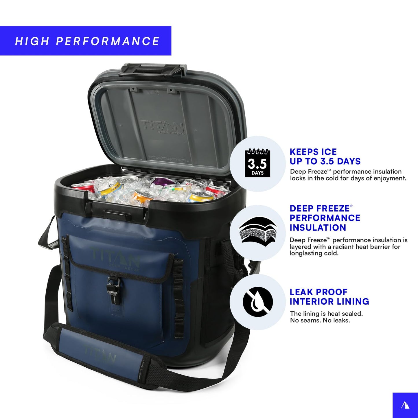 Titan by Arctic Zone Deep Freeze Cooler - 36 Can Zipperless Welded Cooler with Deep Freeze Insulation, Microban, HardBody Liner with SmartShelf - Cold Front Blue
