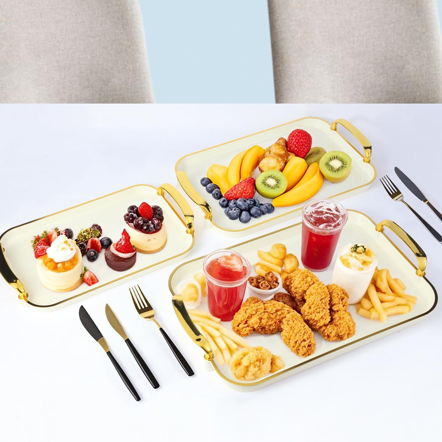 Zufudo 3 Pack Serving Tray with Handles, Stackable Reusable Trays for Serving Food, Plastic Serving Platters for Party, Charcuterie, Fruit, Appetizer, Cream Gold