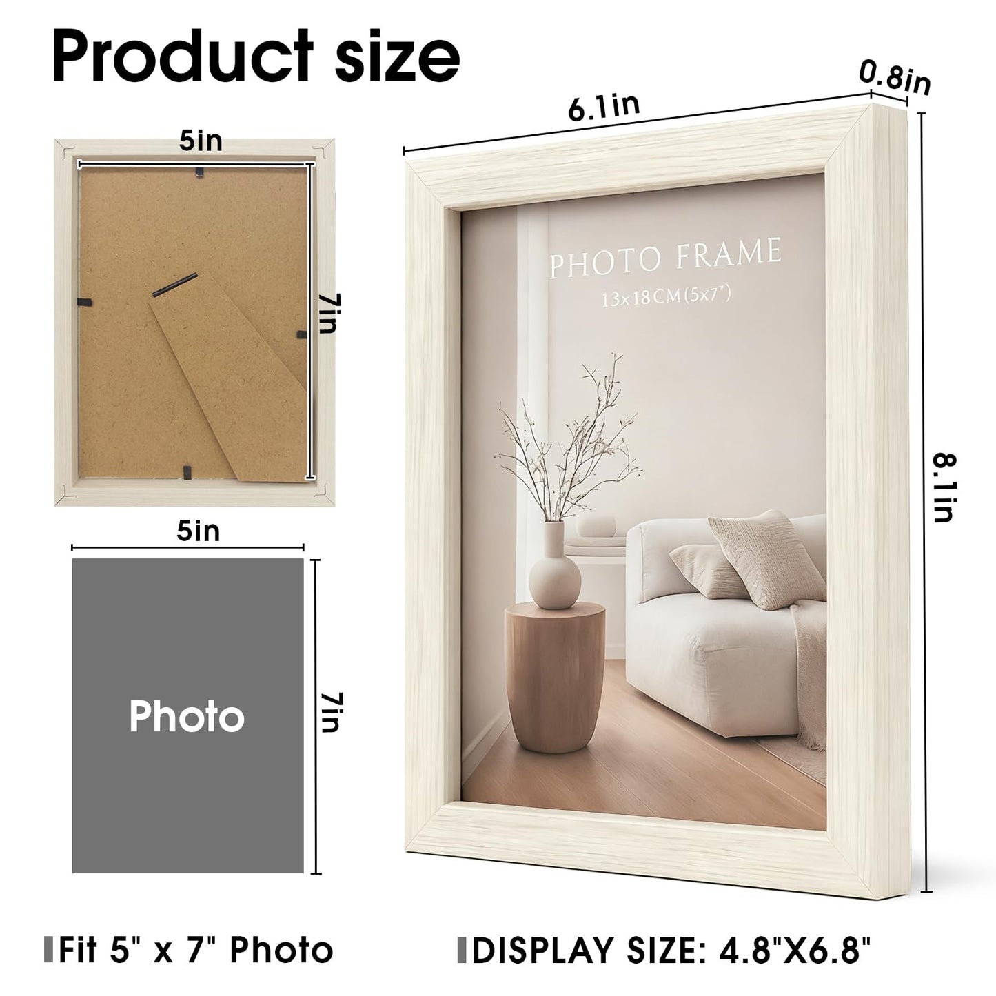Display 5x7 Picture Frame Set of 2, 5 x 7 Photo Frames with High Definition Real Glass, Horizontal/Vertical Tabletop Display, White 2 Pack