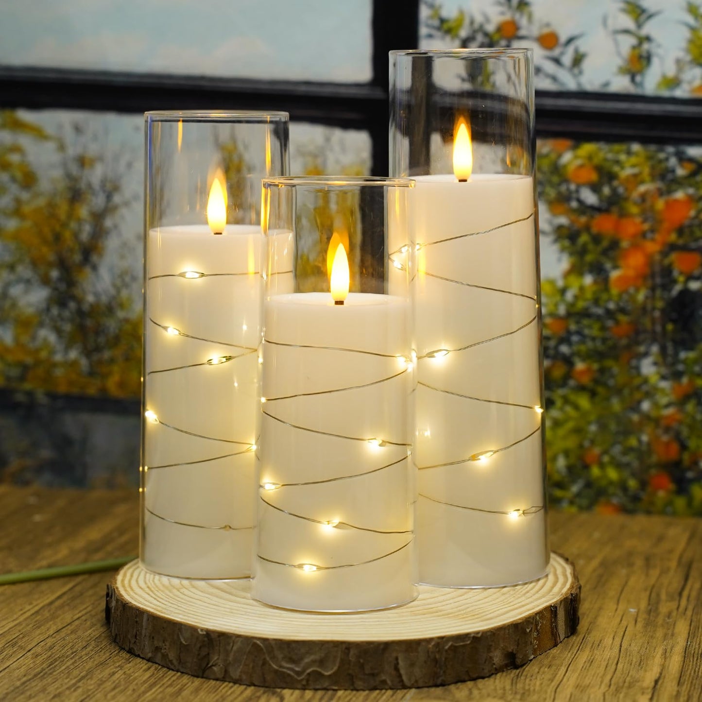 Nimiko Flickering Flameless LED Candles, 9 Pcs with Embedded Star String, Acrylic LED Pillar Candles with Remote, Suitable for Home Decoration (White)