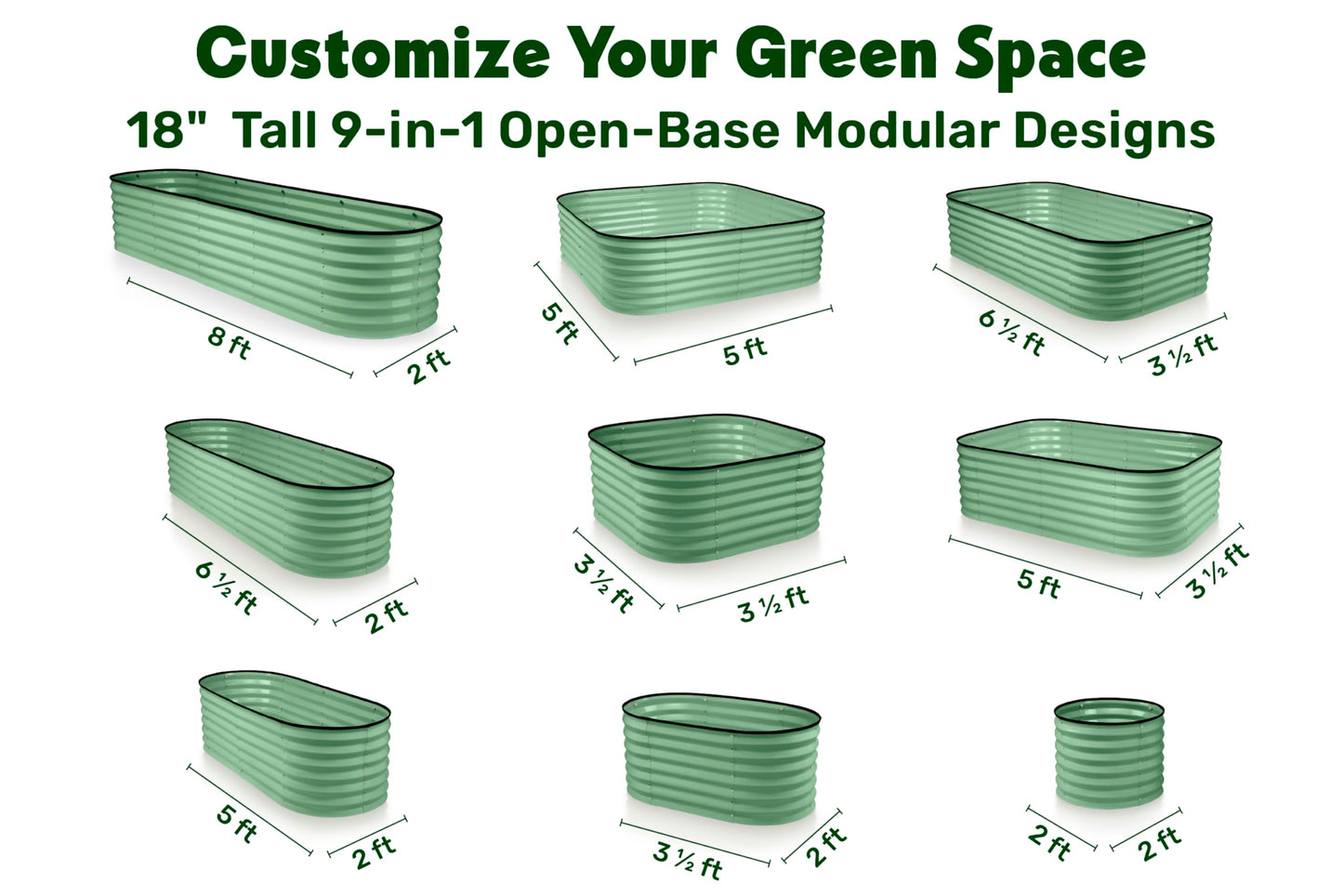 9-in-1 Galvanized Steel Raised Garden Bed // 8×2×1.5 ft Modular Planter for Gardening, Vegetables, Flowers // 18" Tall Metal Raised Garden Beds Outdoor (Light Green) // Patented Design Planter Box