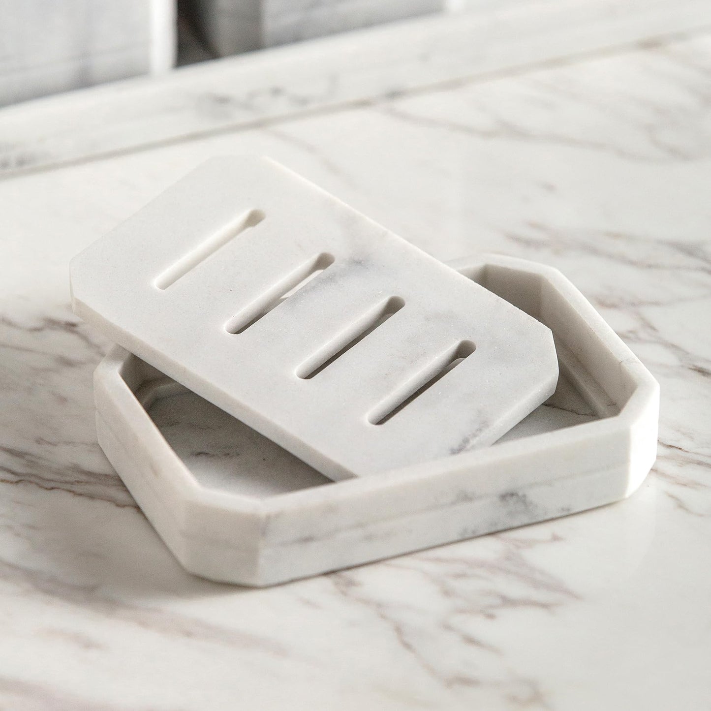 Resin Marble-Like Texture Soap Dish Drainable Soap Holder,Double Layer Draining Soap Dish.