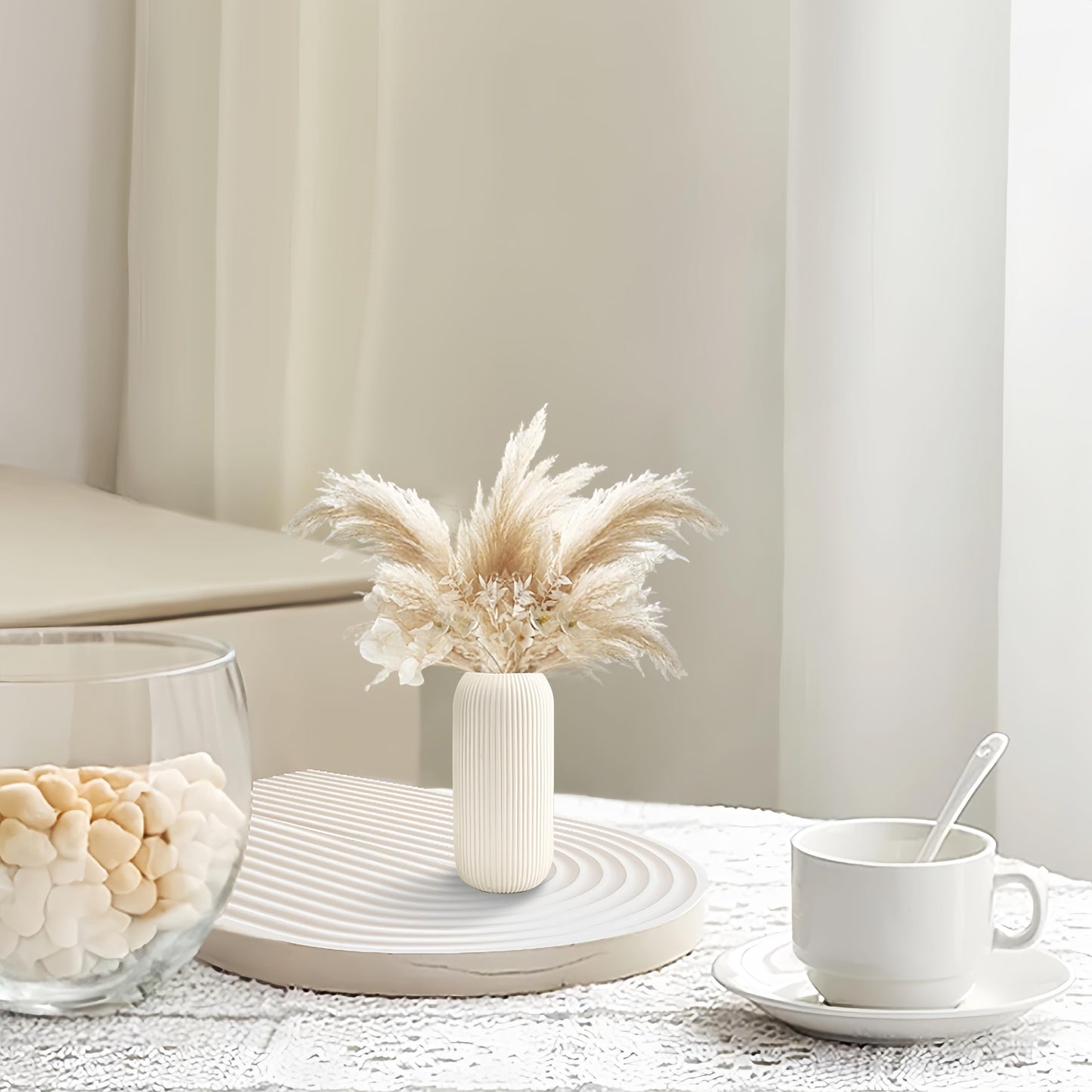 Ceramic Vase for Flowers – Modern Small Ribbed Textured Flower Vase for Home Decor, Pampas Grass, Decorative, Farmhouse, Coffee Table, Kitchen Centerpieces, Bookshelf and Home Living (White)