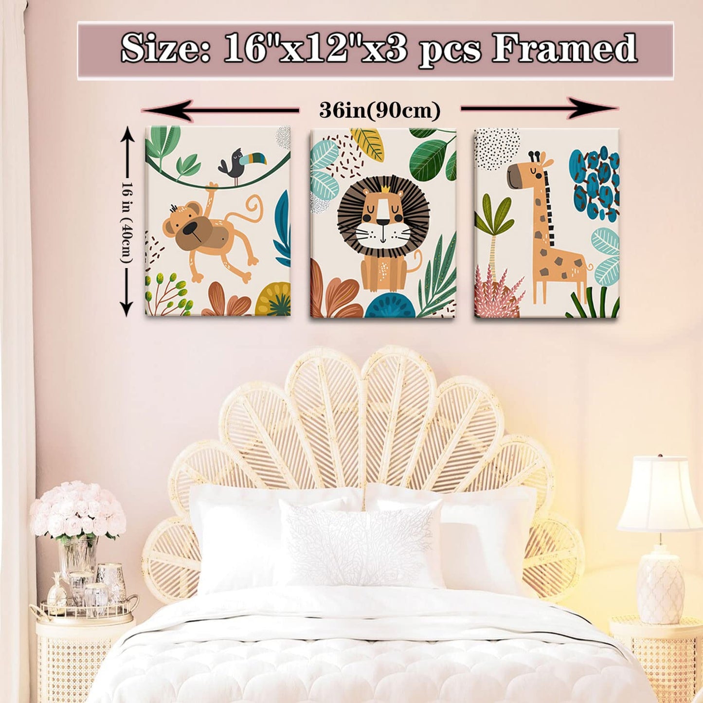 AKWISH Safari Jungle Nursery Wall Decor Set of 3 - Framed Animal Canvas Wall Art for Baby Room, Toddler Boy or Girl Bedroom, Cute Safari Themed Baby Nursery Decor 12x16in