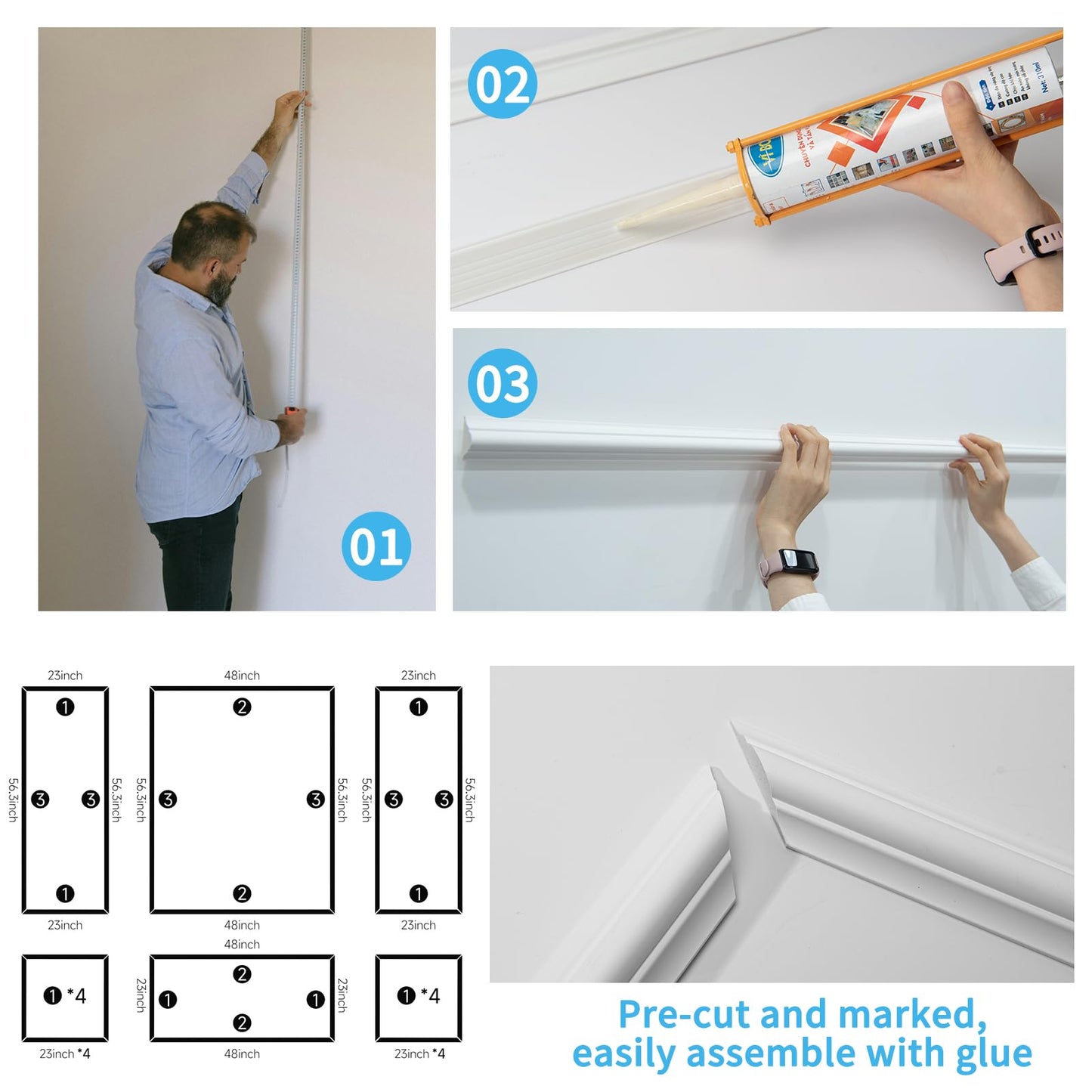 Art3d Pre-Cut Wall Molding Set of 6 pcs, Ready-to-Assemble Wainscoting Panels for Interior Wall Décor Living Room Bedroom Accent Wall - Installed with Glue, 3 Top 3 Bottom