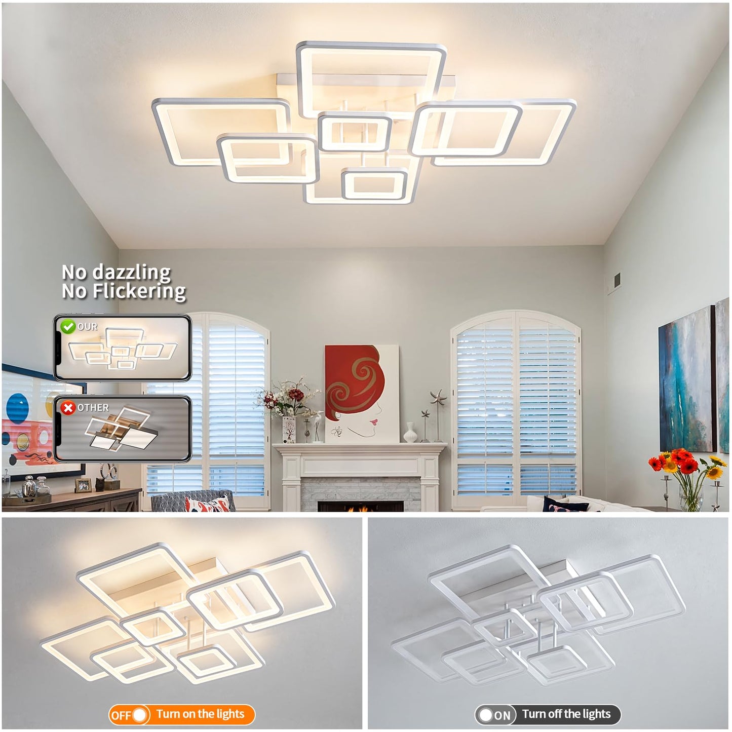Shine LUEST Modern Ceiling Light, 39.4'' Dimmable LED White Flush Mount Ceiling Lights with Remote Acrylic Round Ceiling Lamp Fixture for Low Ceiling Bedroom Living Room Dining Room, 100W