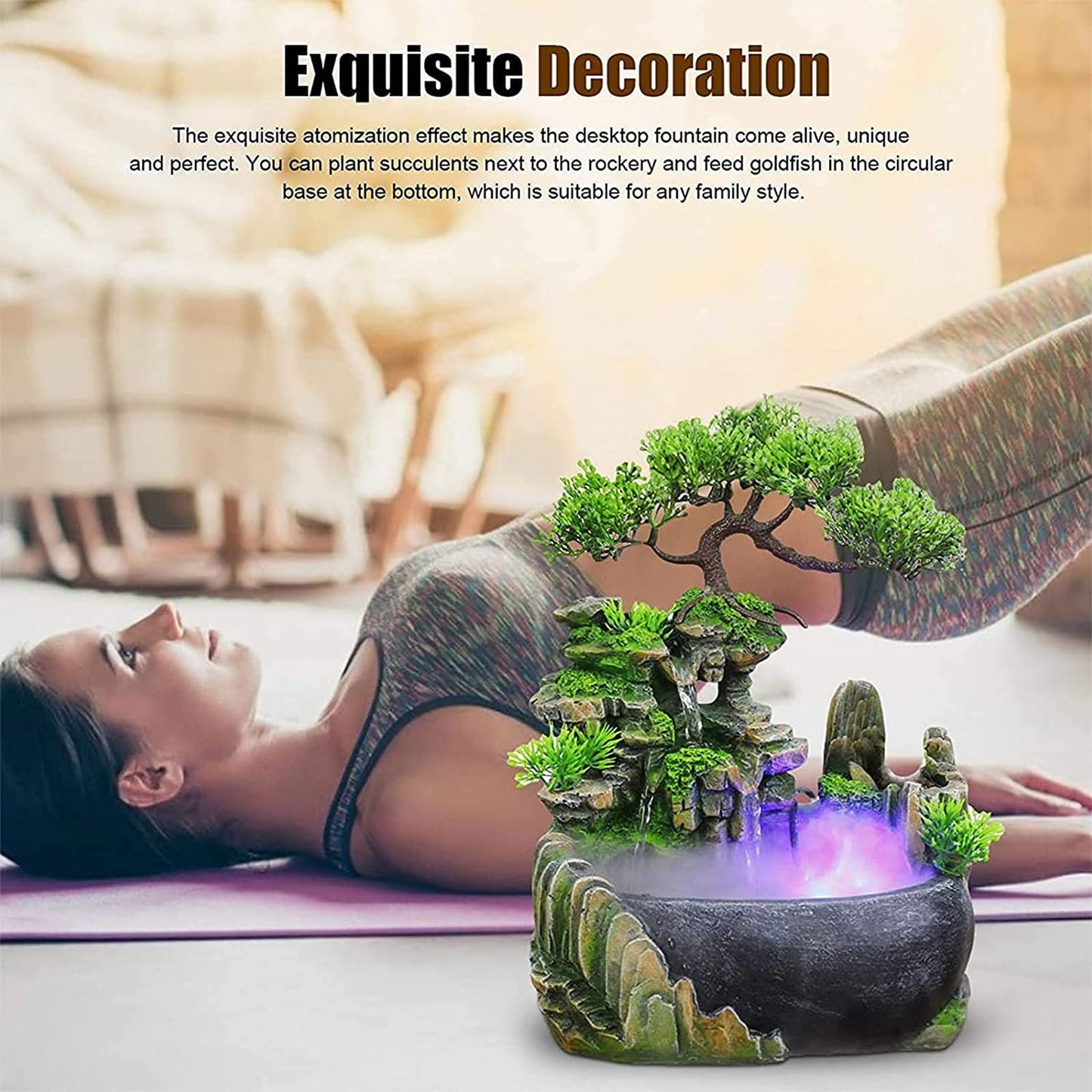 Rockery Stream Tabletop Fountain, Zen Meditation Indoor Waterfall Feature with Automatic Pump and Switch, Desktop Fountain for Home Office Bedroom Decoration (A)