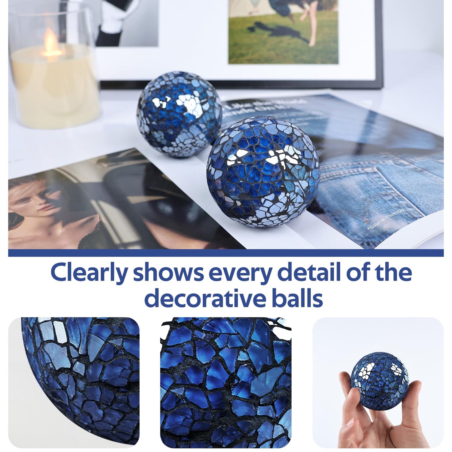 Yazikisa 2.5 Inch Glass Balls Decorative for Bowl Blue 6 PCS Mosaic Crack Orbs Set Solid Round Sphere Globe Vases Filler Coffee Table Holiday Ornaments Mantle Decor Modern